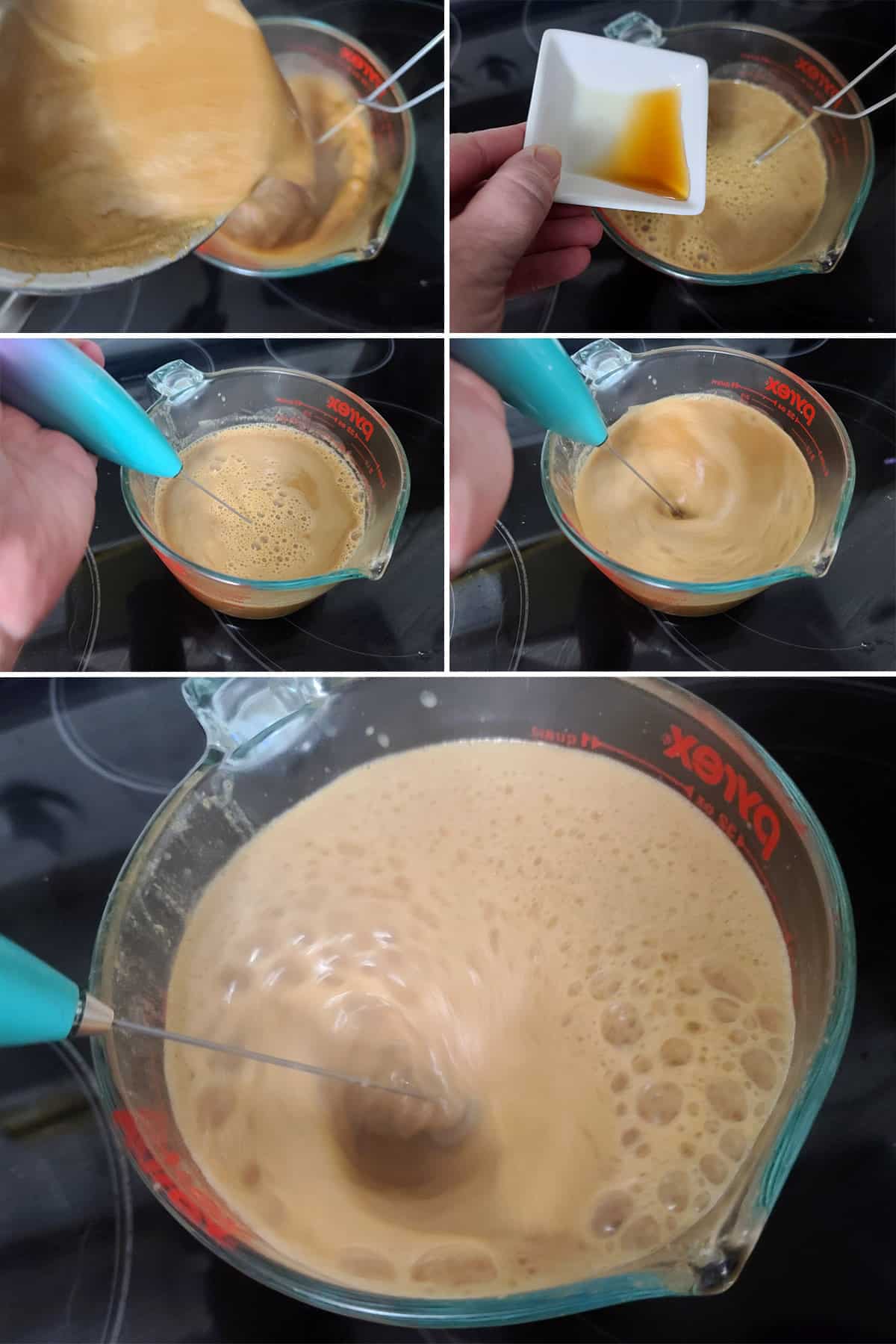 A 5 part image showing the vanilla being added to the pot, and a milk frother used to foam up the pumpkin chai latte.