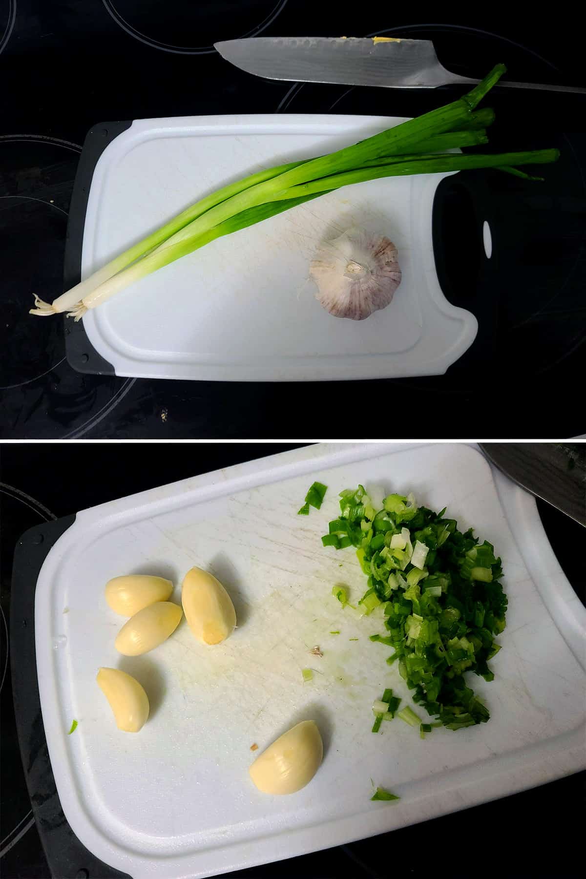 A 2 part image showing green onion and garlic being finely chopped.