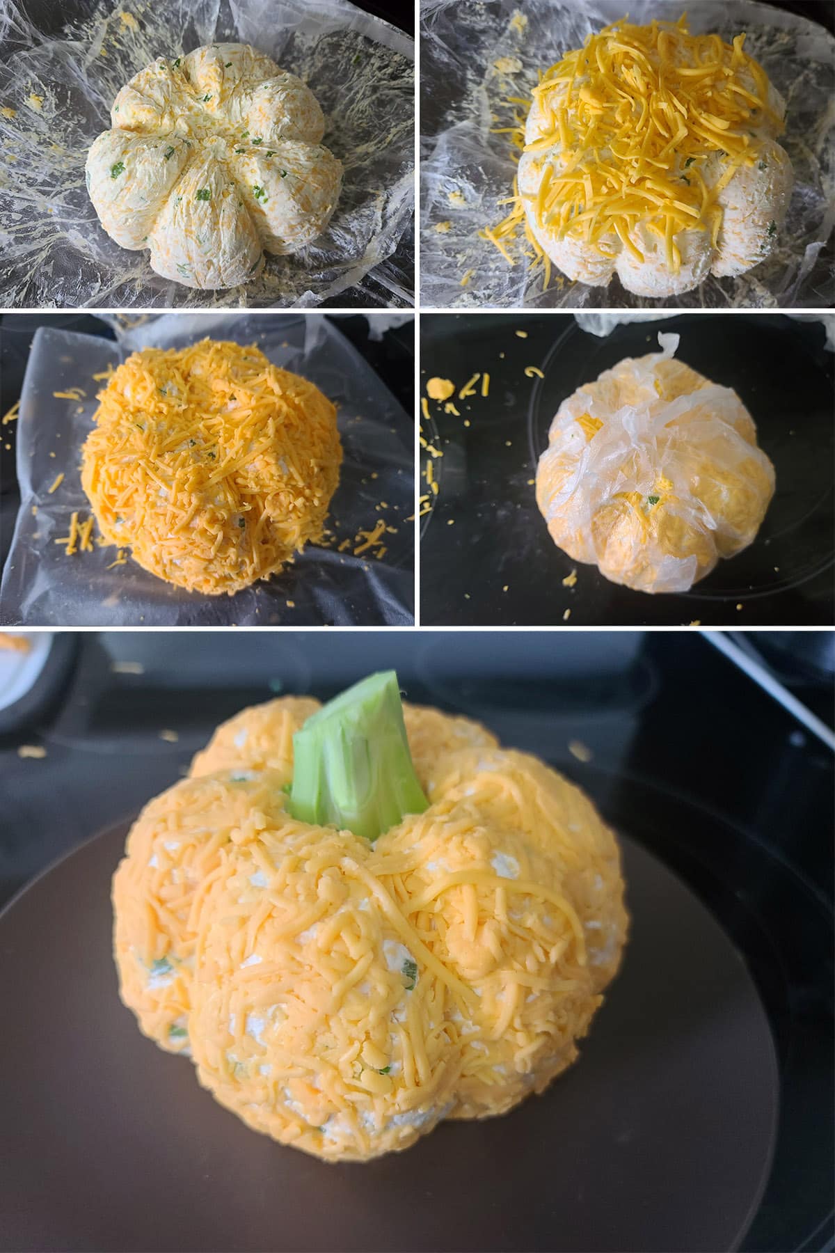 A 5 part image showing the formed cheese ball being coated in shredded cheese and the stem attached.