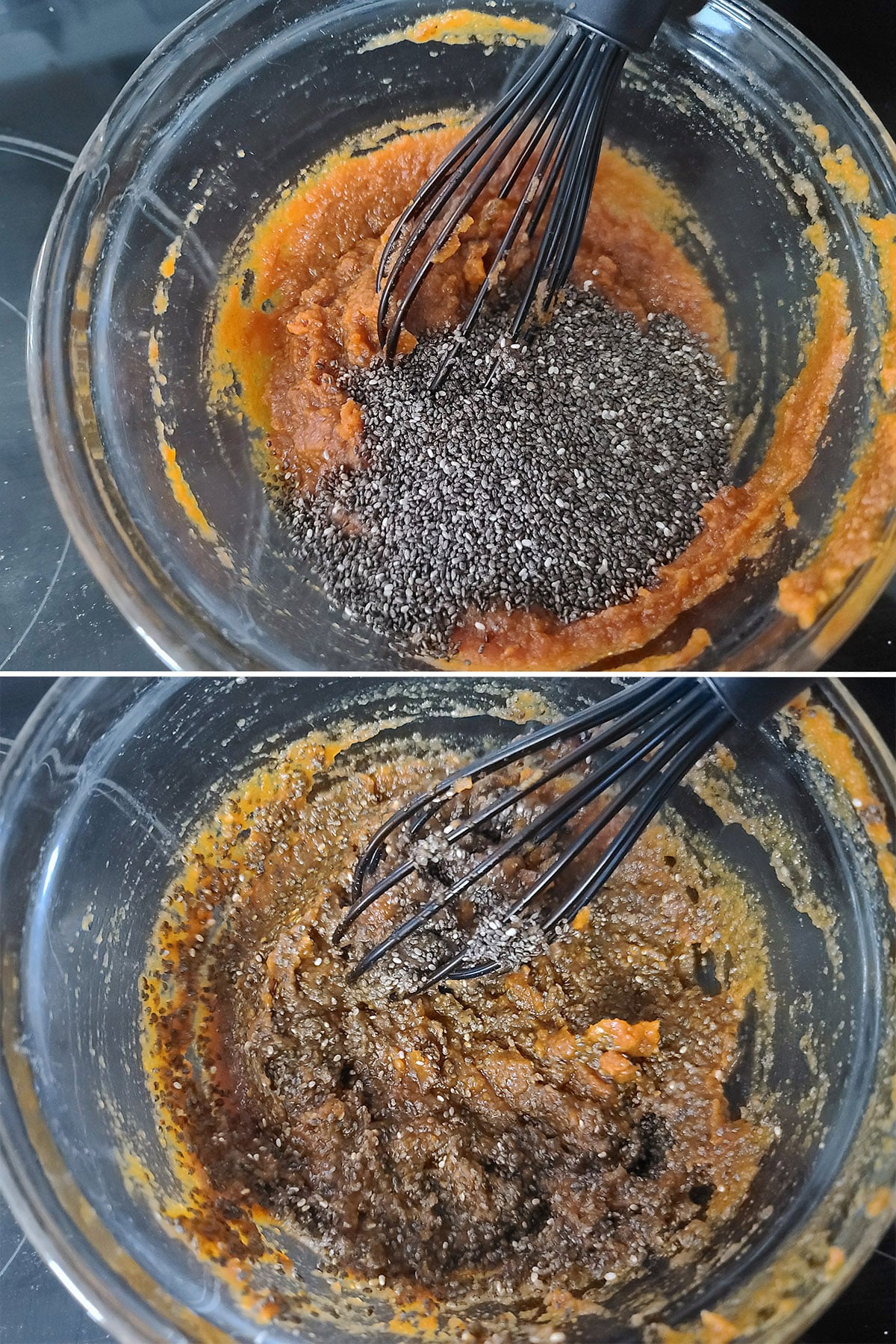 A 2 part image showing chia seeds being added and whisked in.