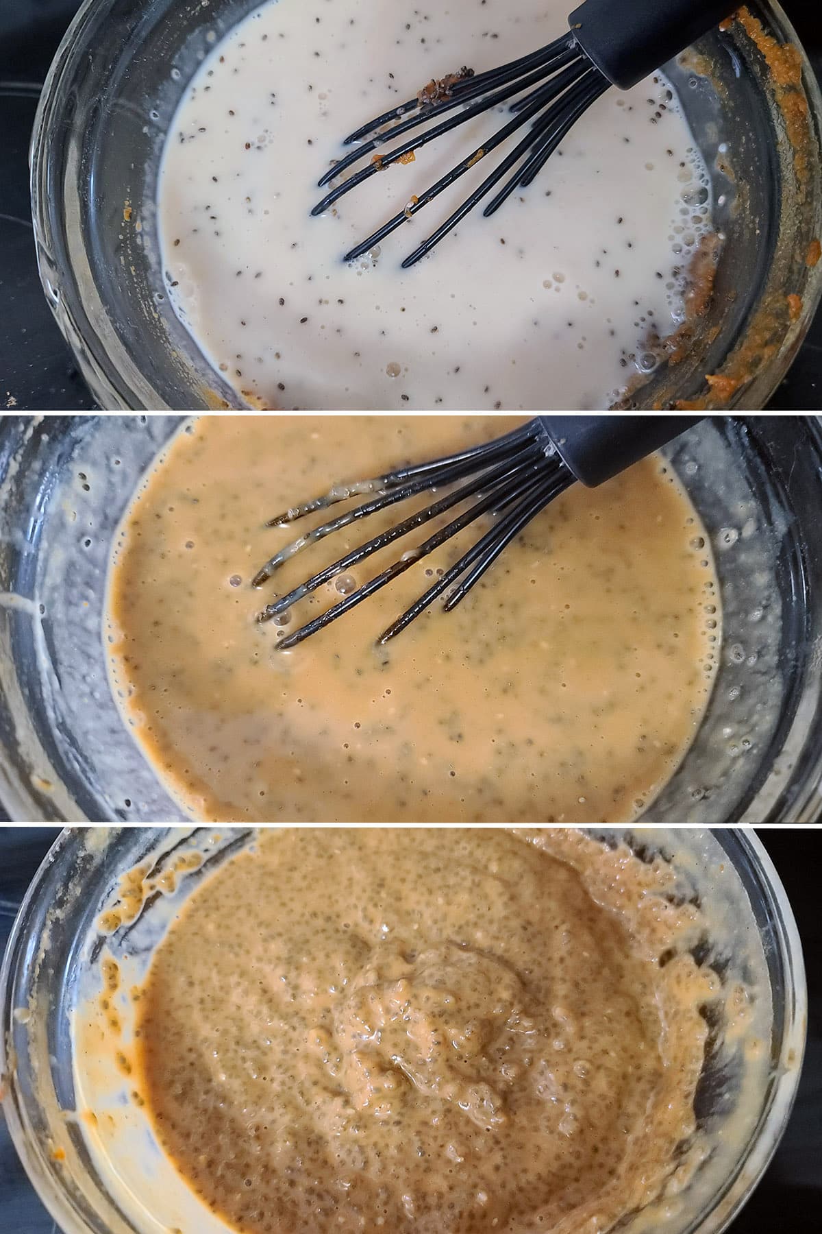 A 3 part image showing almond milk being added, whisked in, and after thickening.