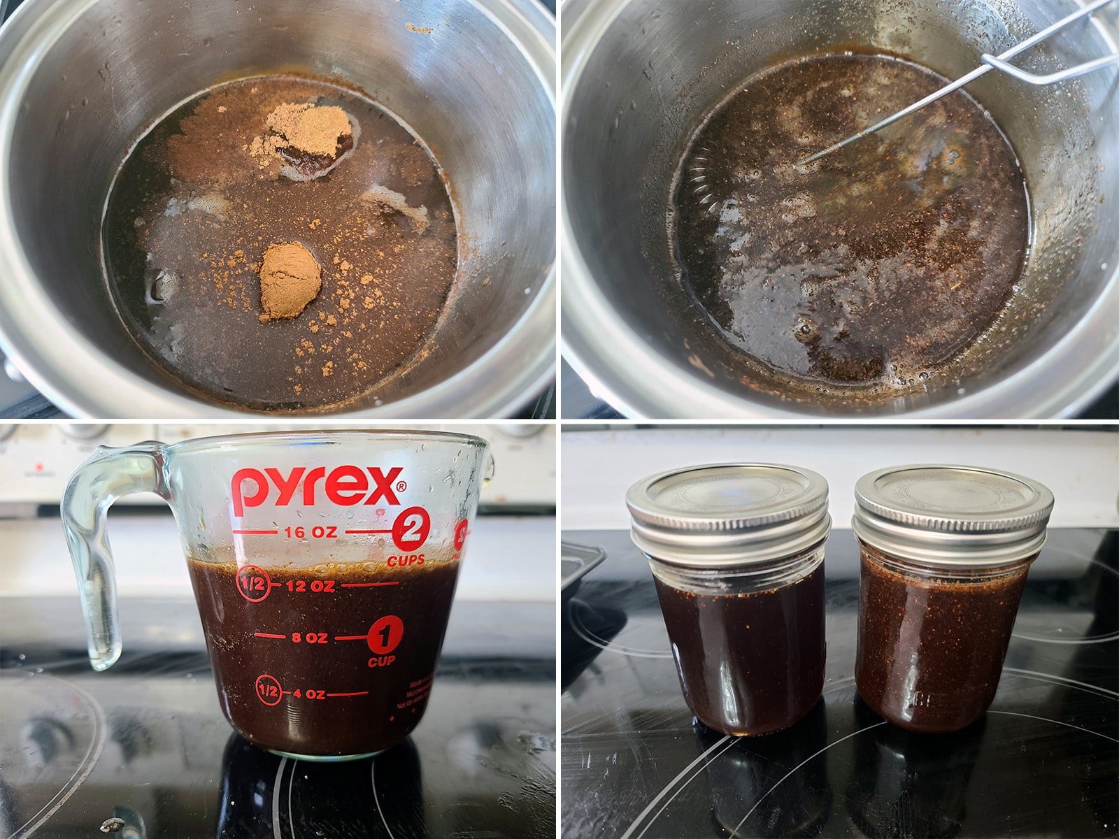 A 4 part image showing the apple crisp syrup being made and transferred to 2 jars.