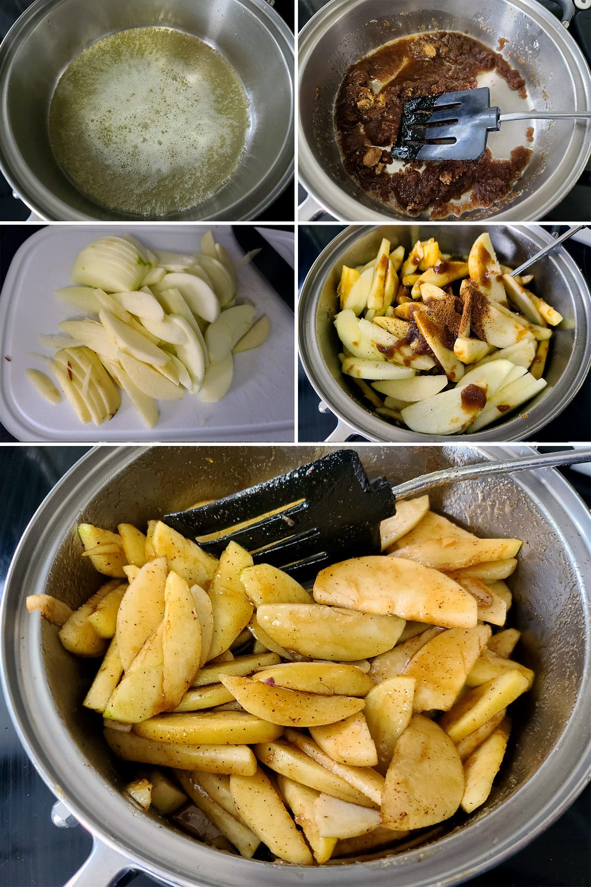 A 5 part image showing the apple filling ingredients being mixed in a bowl then transferred to a pan.