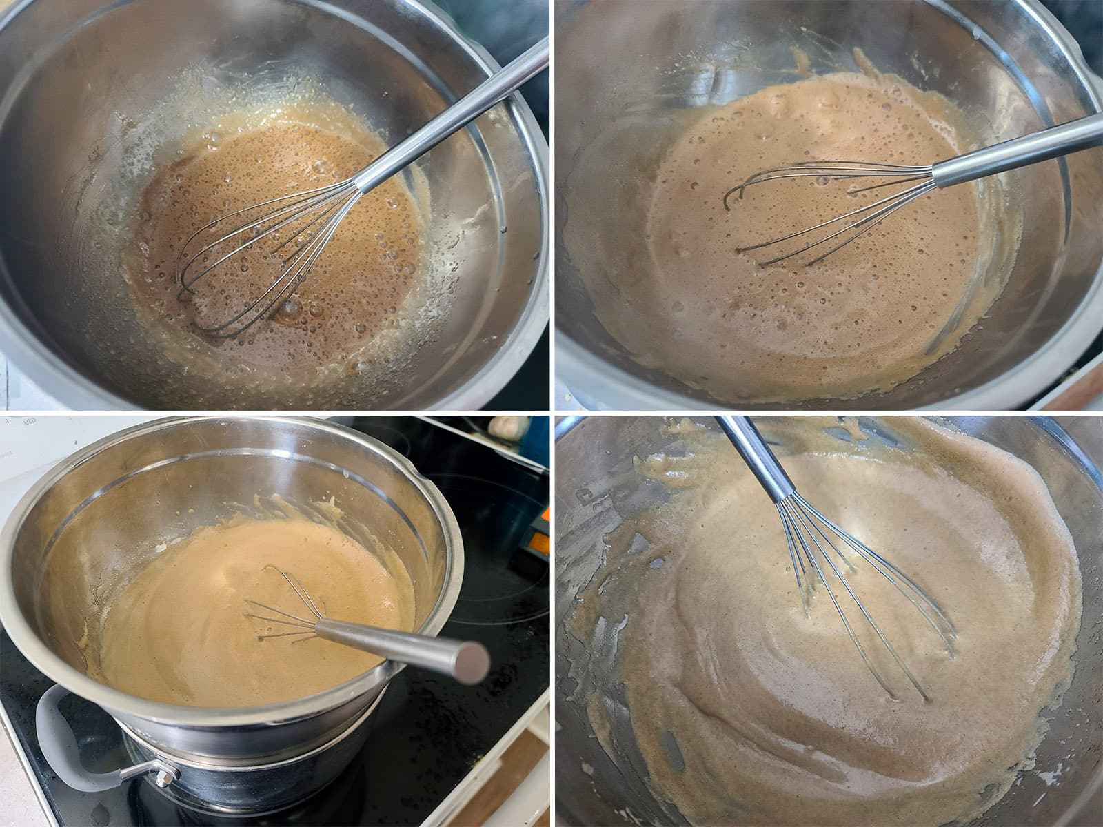 A 4 part image showing the brown sugar meringue being cooked over a double boiler.