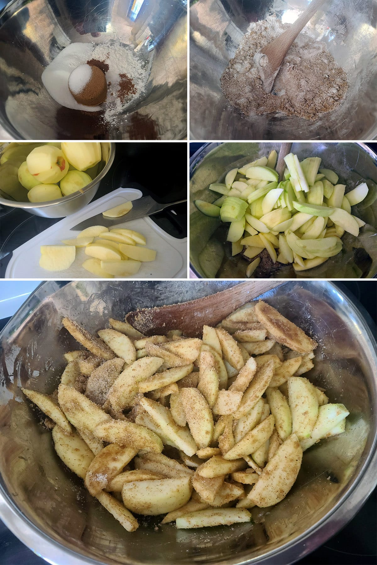 A 5 part image showing the apples being sliced and tossed with the rest of the filling ingredients in a large bowl.