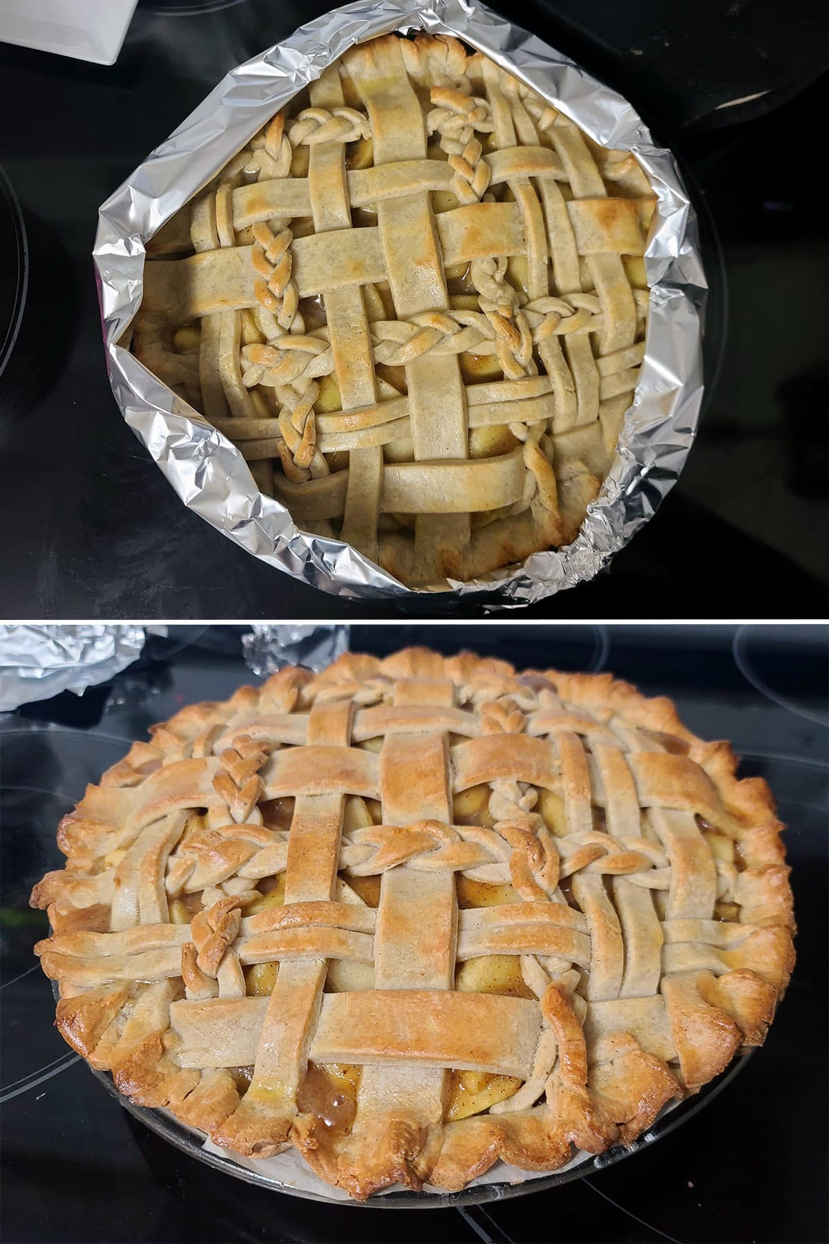A 2 part image showing the outer edge of the pie wrapped with foil, then the finished baked pie.