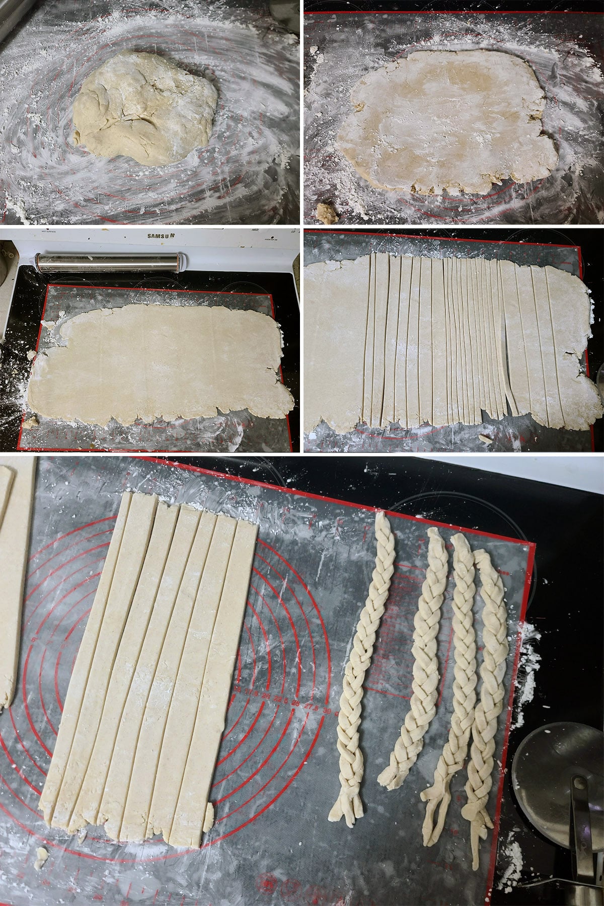 A 5 part image showing the remaining gluten free pie crust being rolled out, cut into strips, and some of them braided.