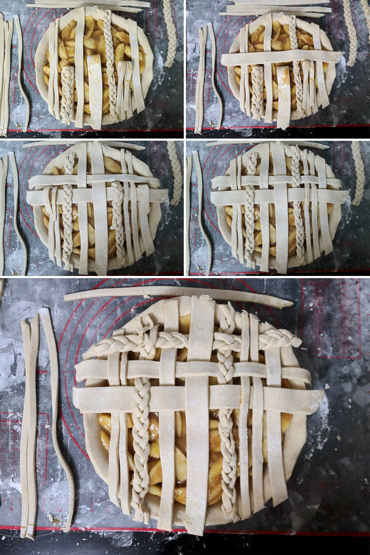 A 5 part image showing crosswise strips of pie crust being woven into the original row of pie crust strips.