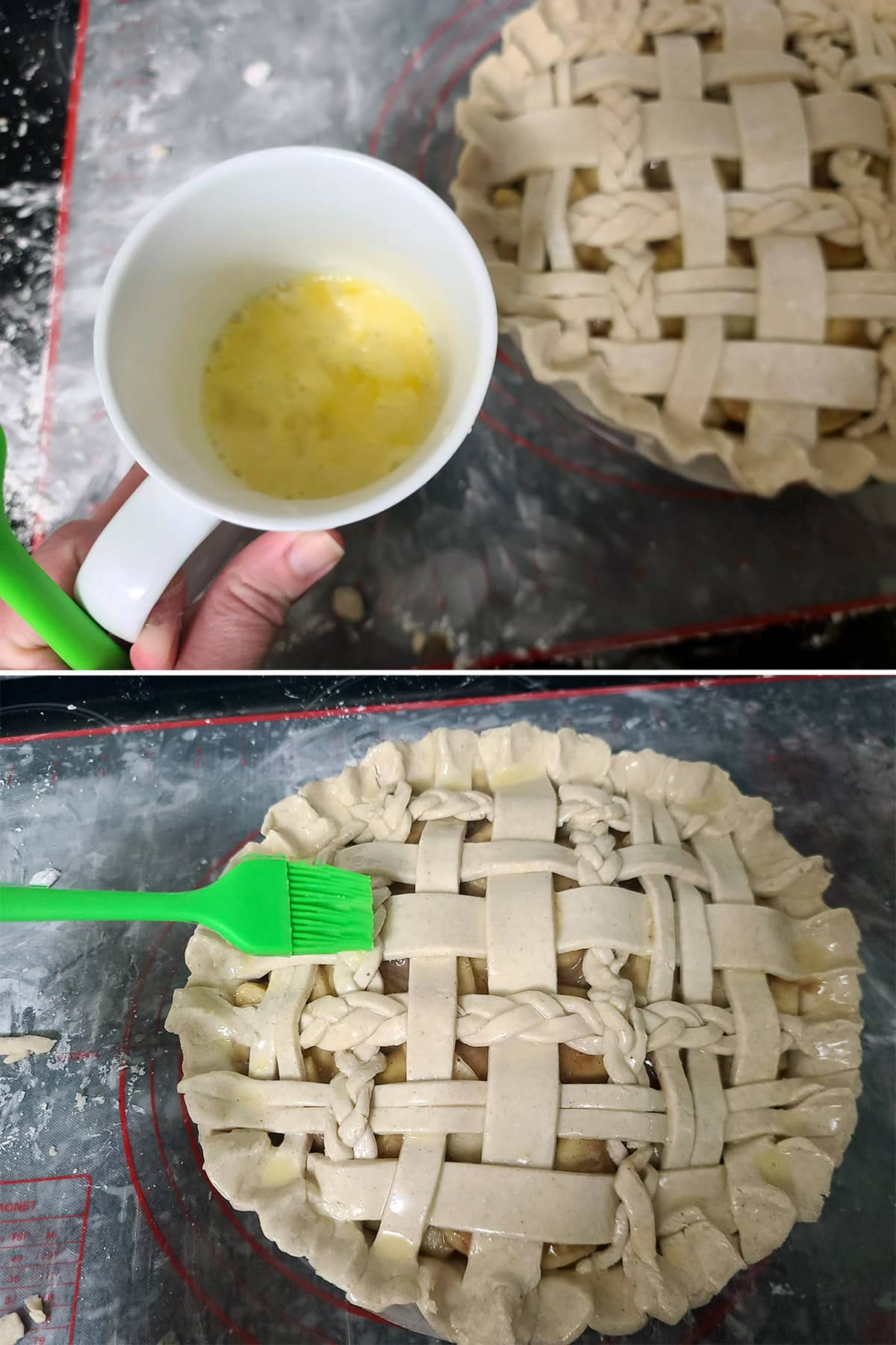 A 2 part image showing the egg wash being mixed and brushed over the gluten free pie.