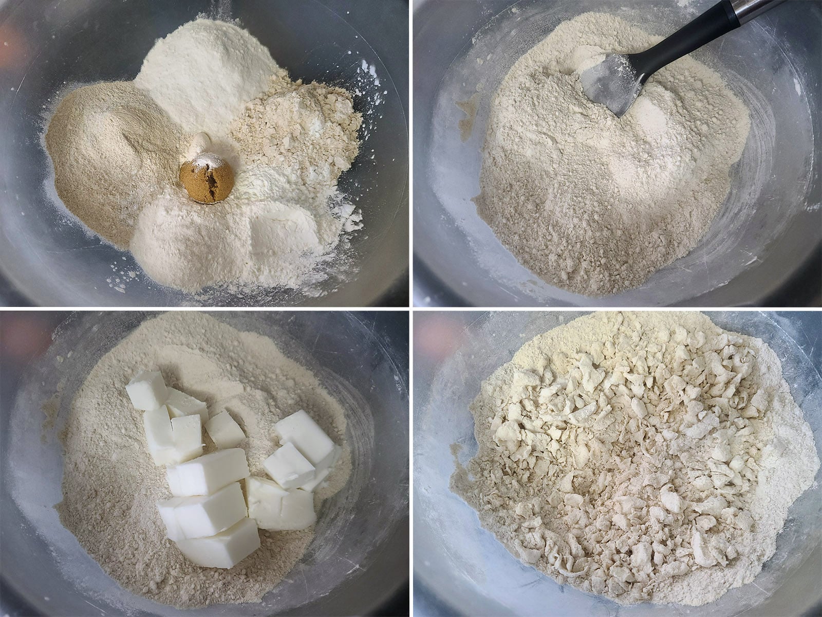 A 4 part image showing the dry ingredients being mixed and the lard cut in.