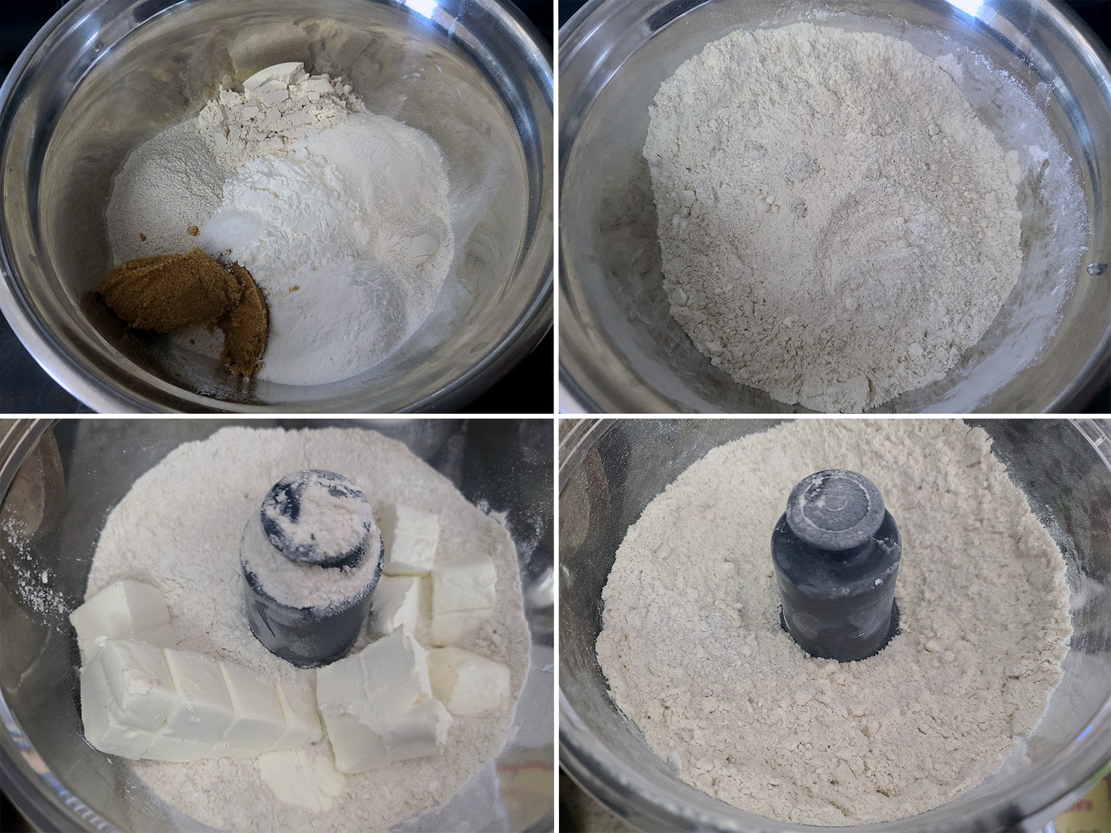 A 4 part image showing the dry ingredients and cream cheese being mixed in a food processor.