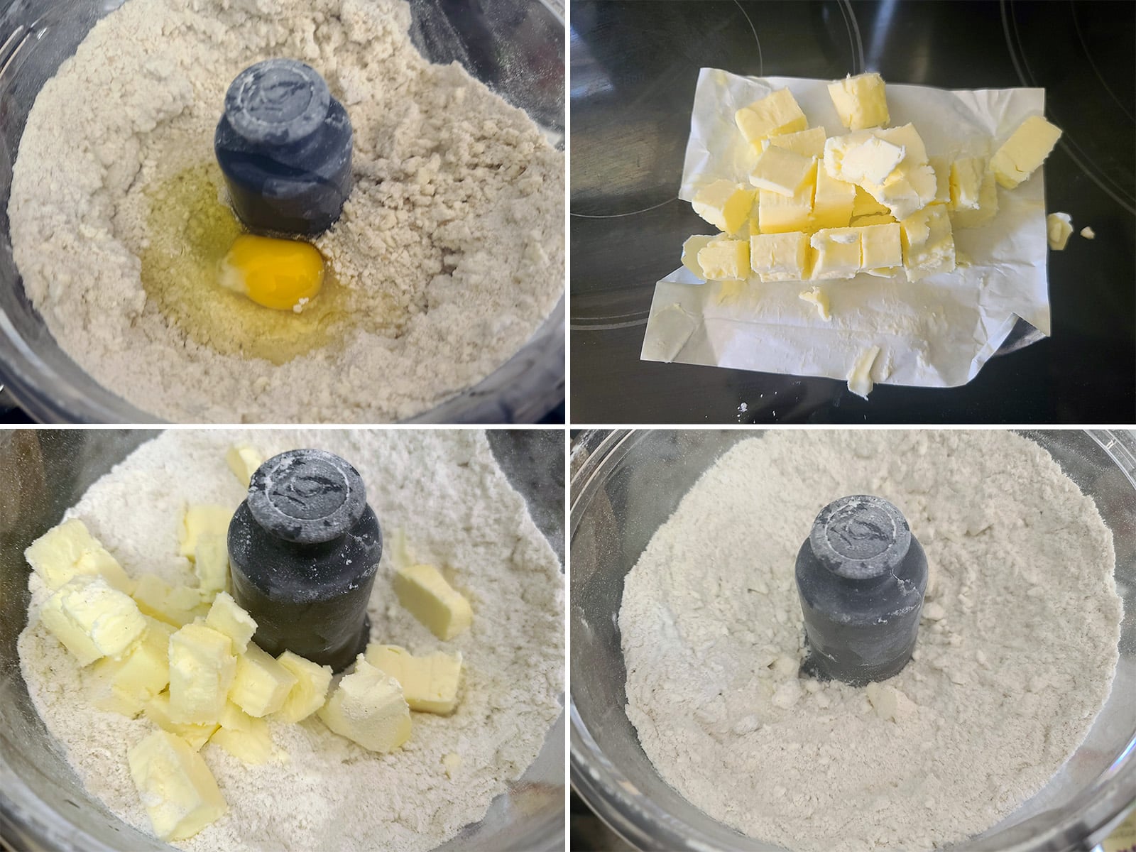A 4 part image showing the eggs and butter being blitzed into the dry ingredients.