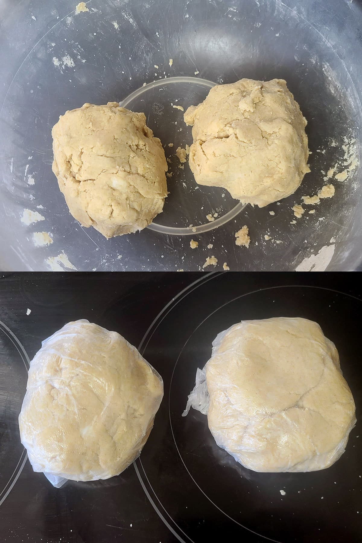 A 2 part image showing  2 dough balls being wrapped in plastic.