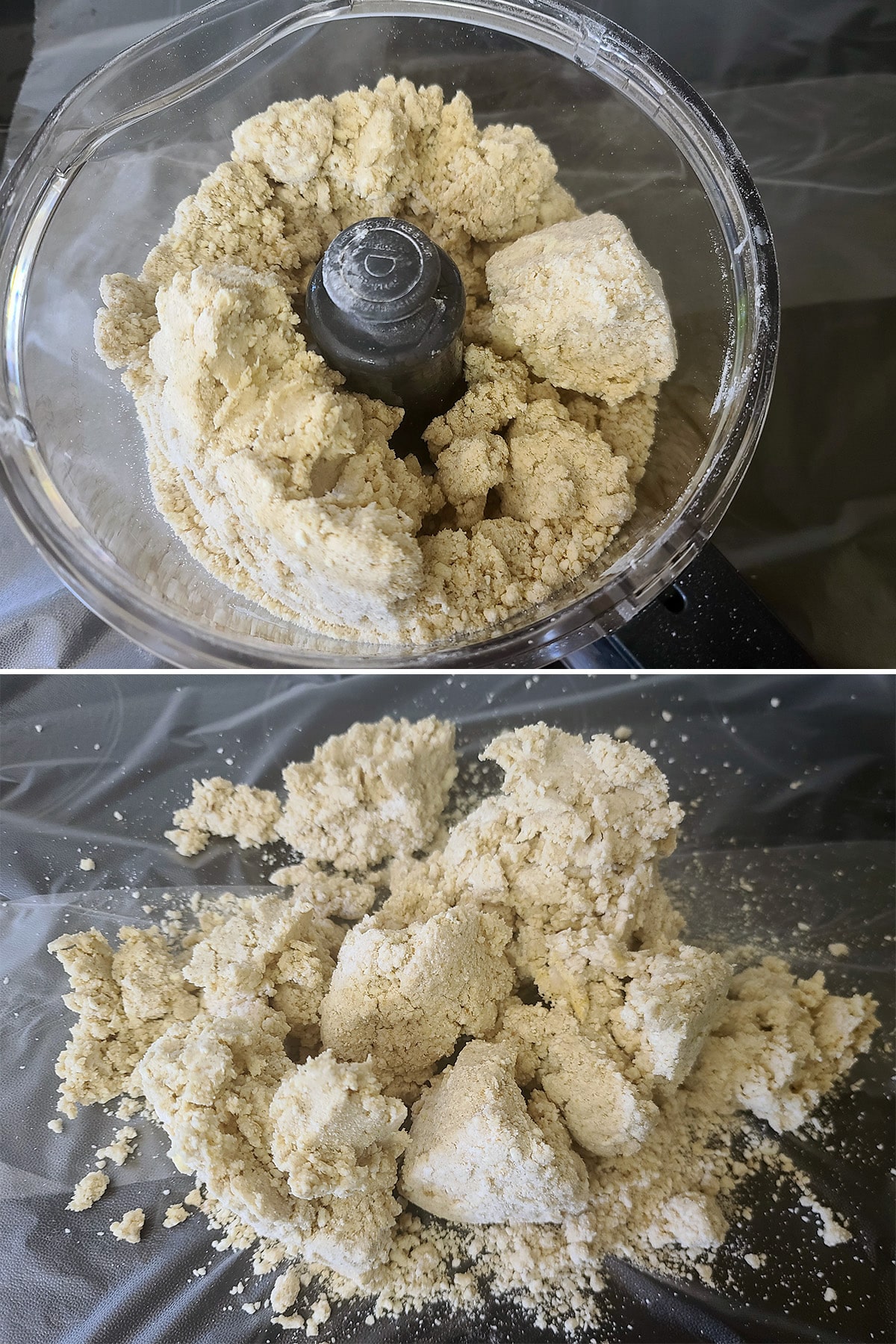 A 2 part image showing the dough in the food processor, then dumped out on parchment.