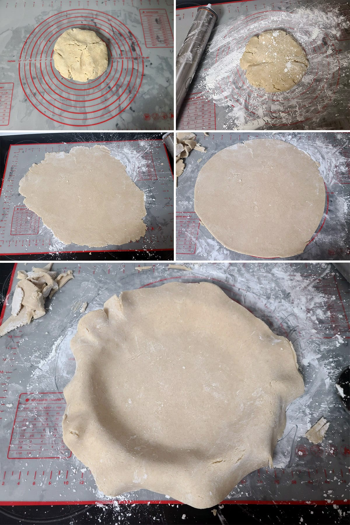 A 5 part image showing the gluten free pie crust being rolled out and put in a pie plate.