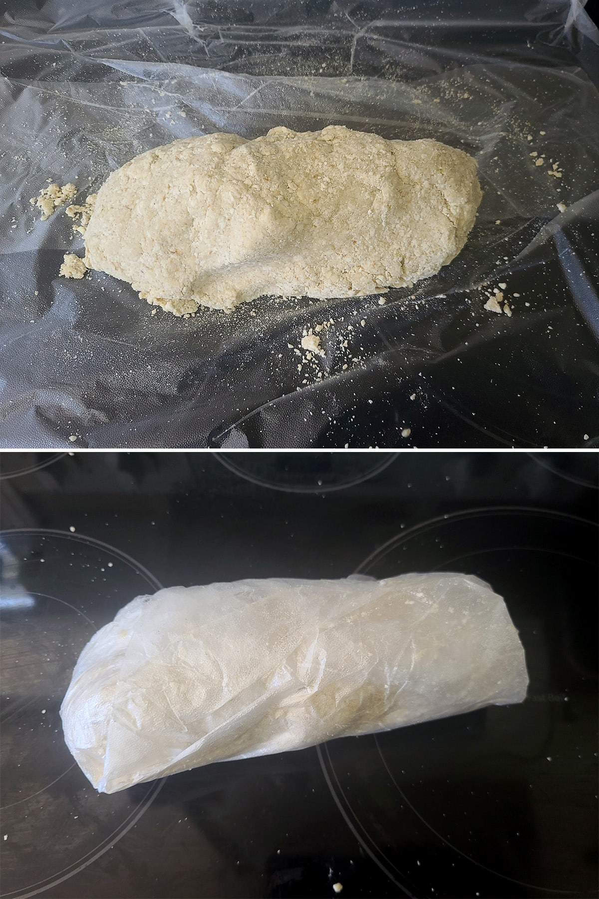 The gluten free pie crust dough gathered into a log, then wrapped in plastic.