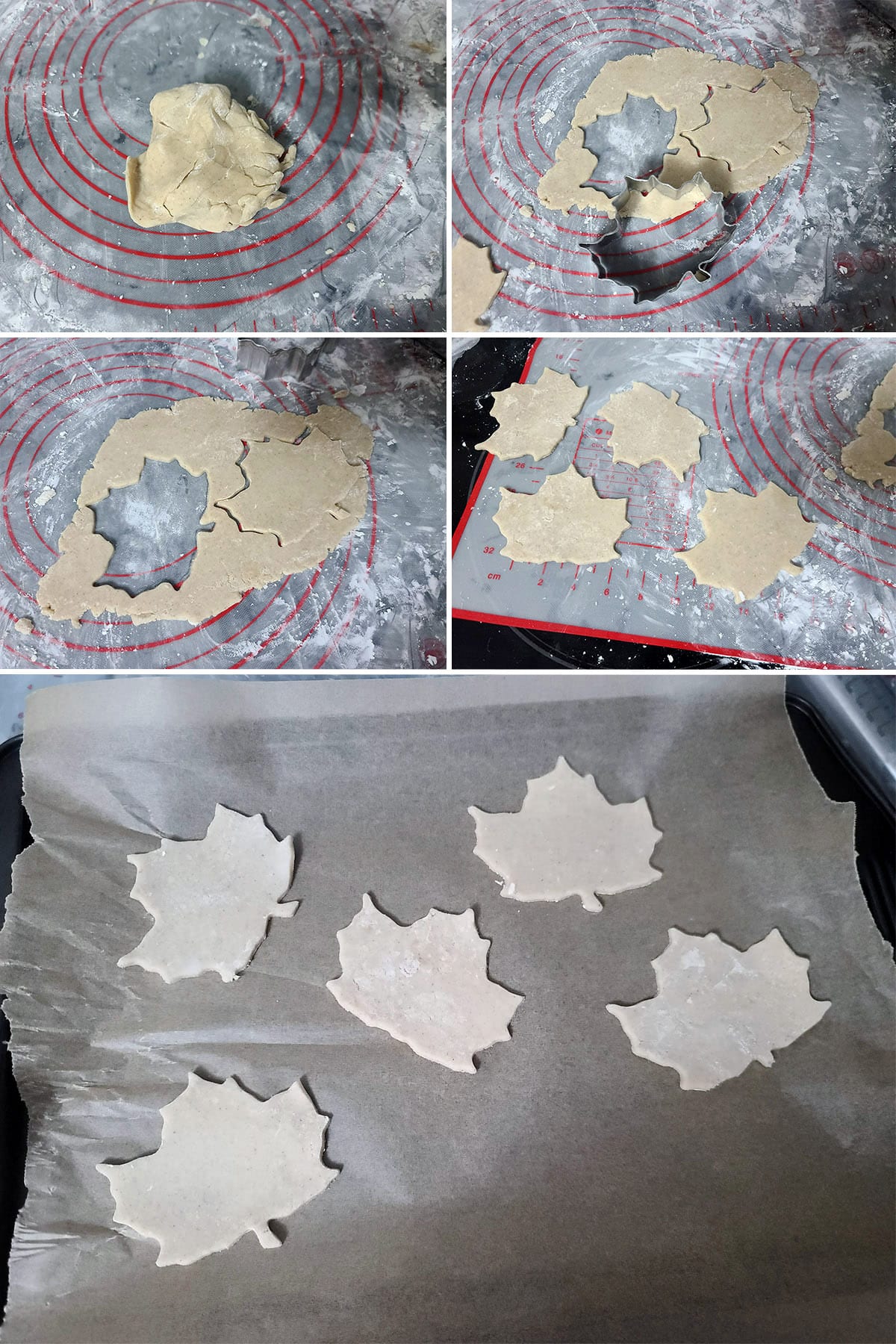 A 5 part image showing the leftover dough being gathered together, rolled out, and cut into maple leaves.