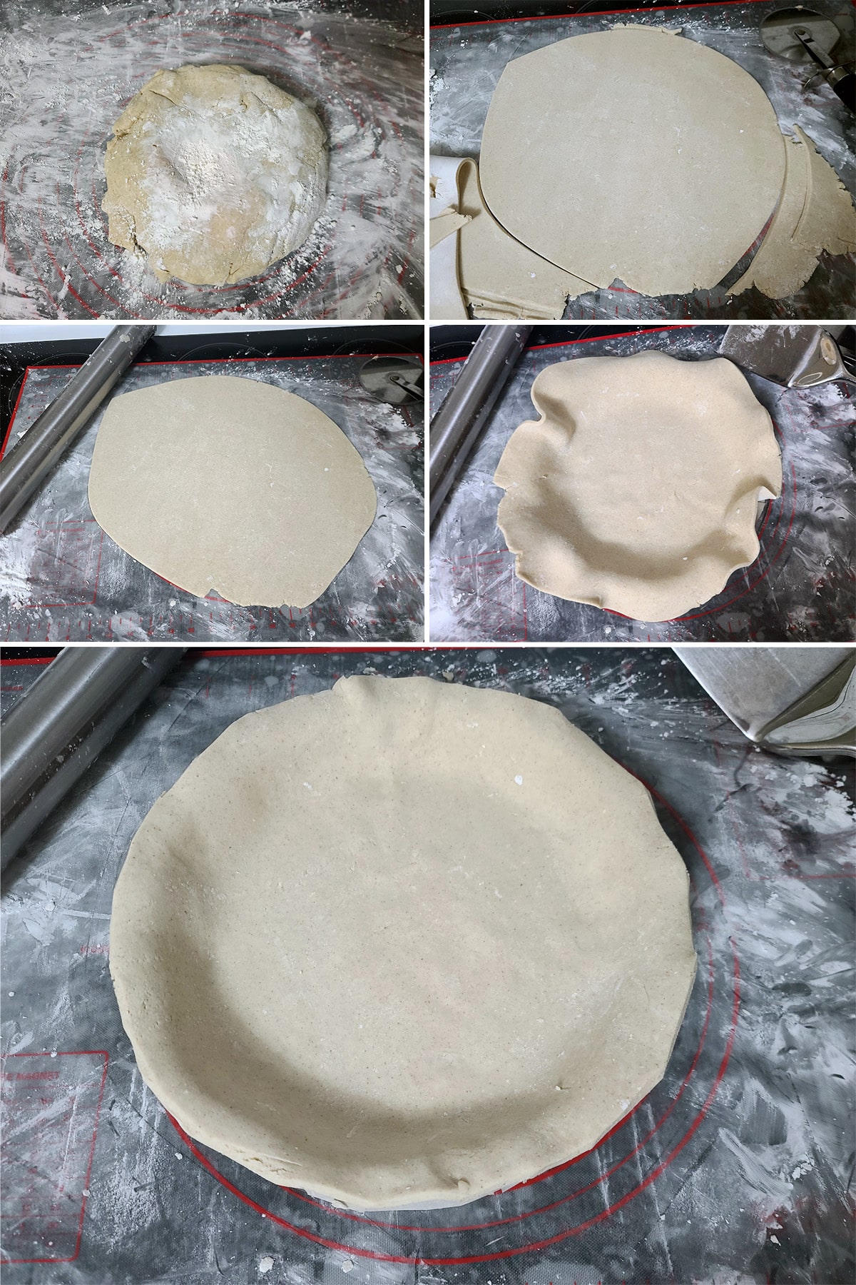 A 5 part image showing the gluten-free pie crust being rolled out and placed in a pie plate.