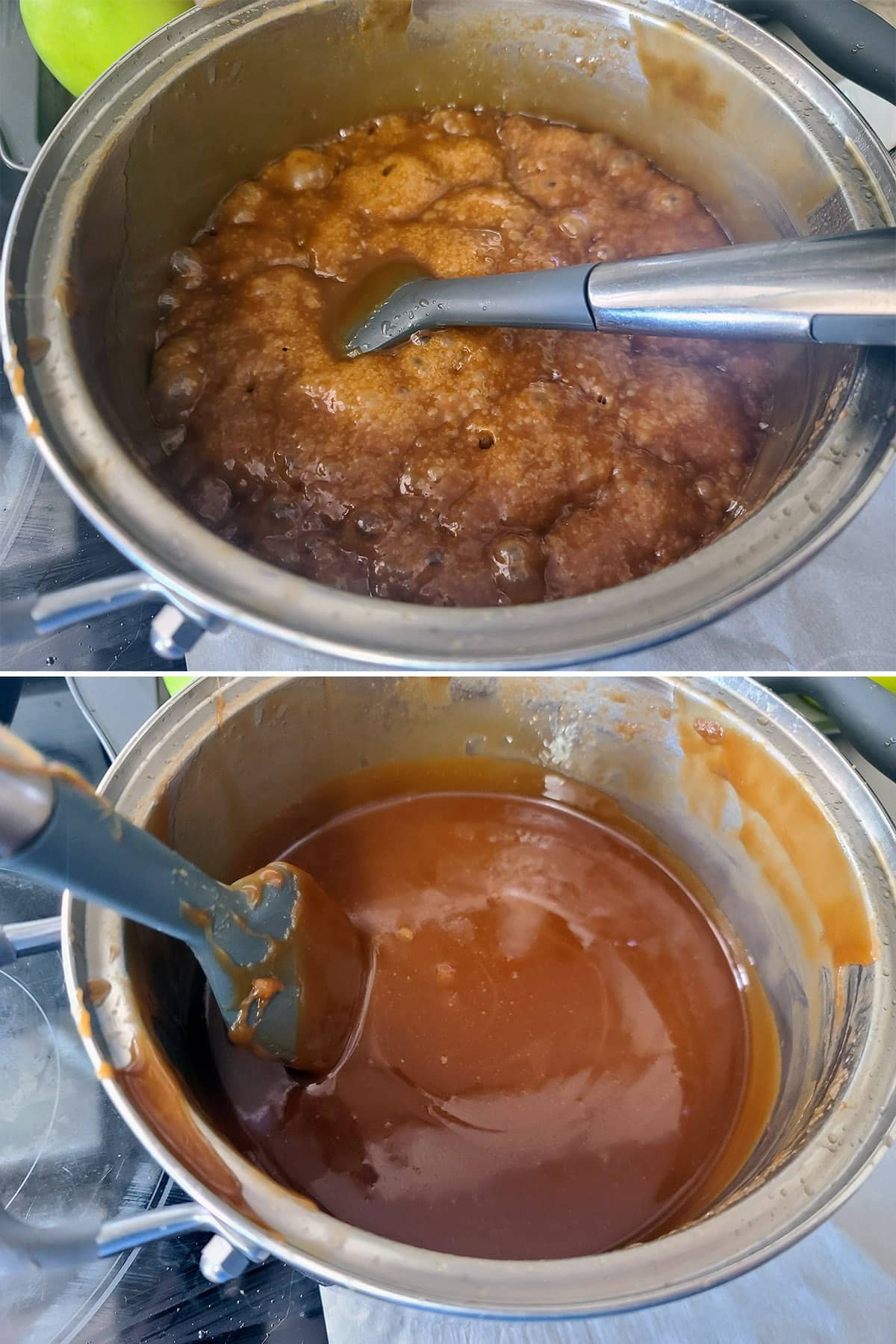A 2 part image showing a boiling pot of maple syrup caramel, and the smooth caramel after being removed from the heat.