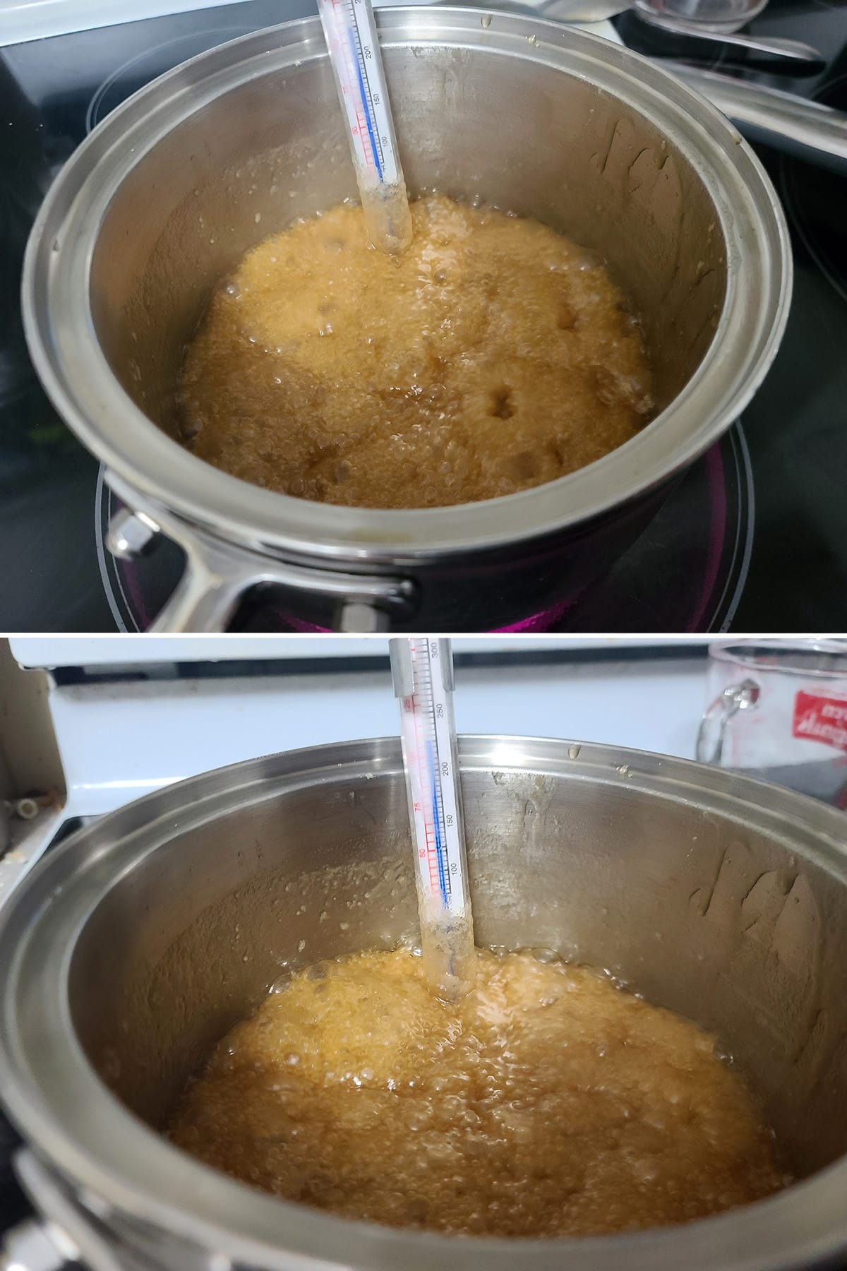 A 2 part image showing the boiling maple syrup caramel, with a candy thermometer affixed to the pot.