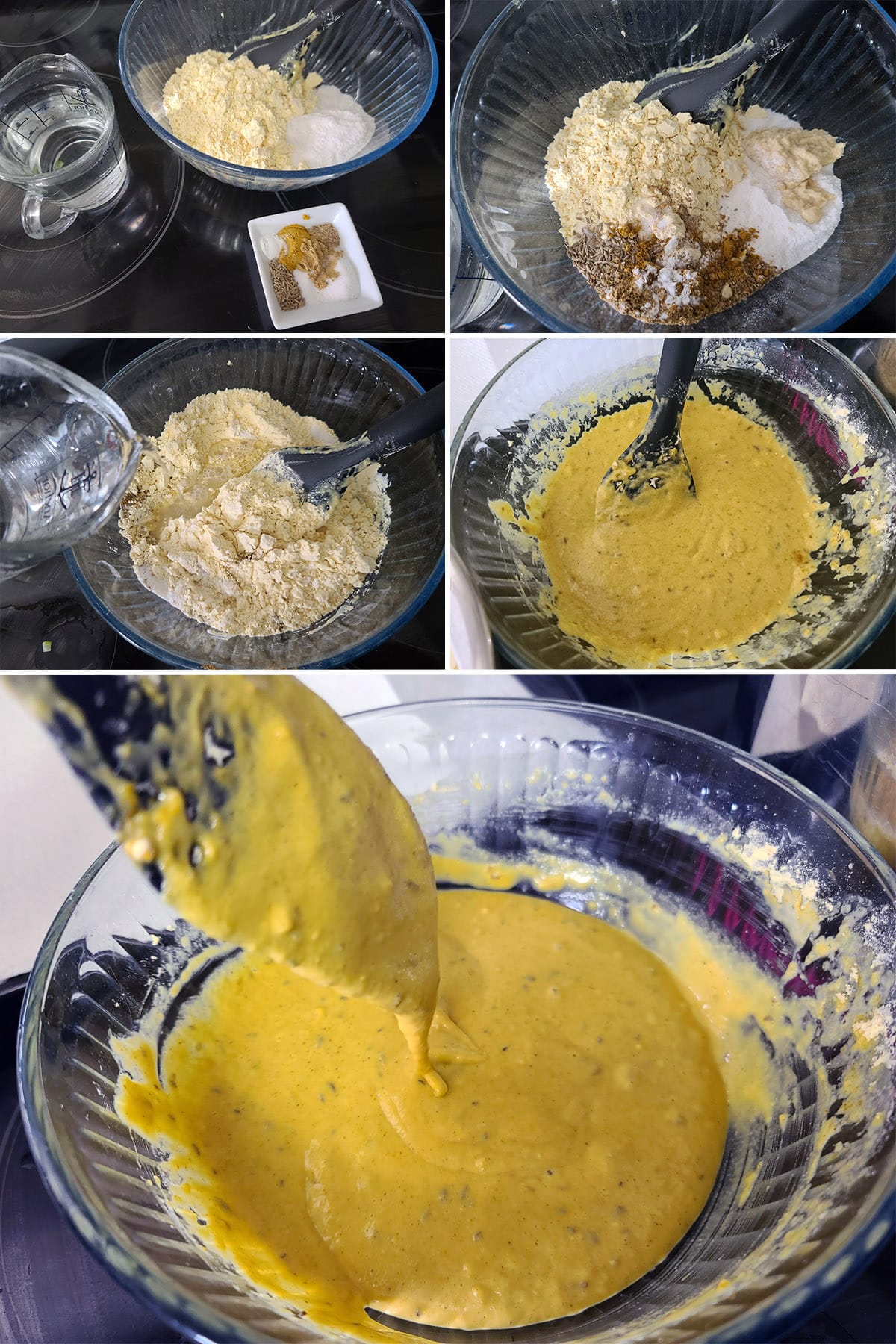 A 5 part image showing the spiced batter being mixed together.