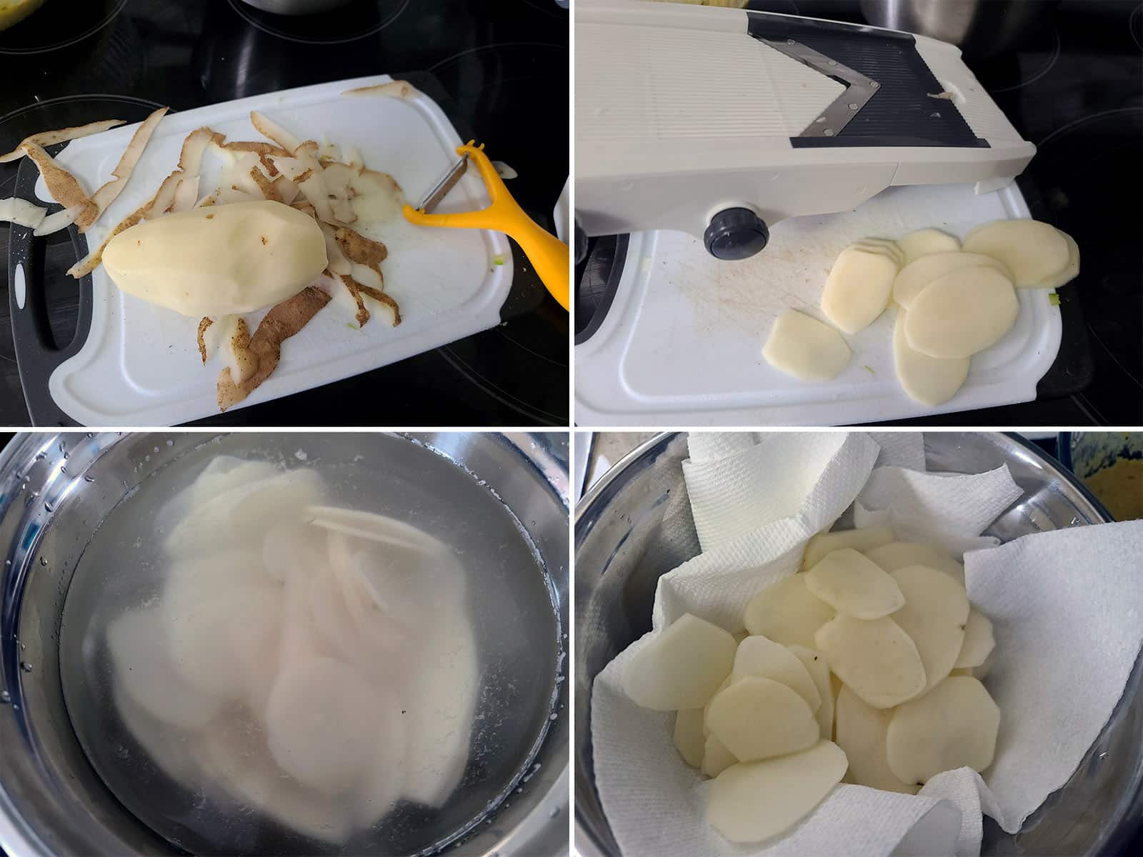 A 4 part image showing the potatoes being peeled, cut, soaked, and drained.