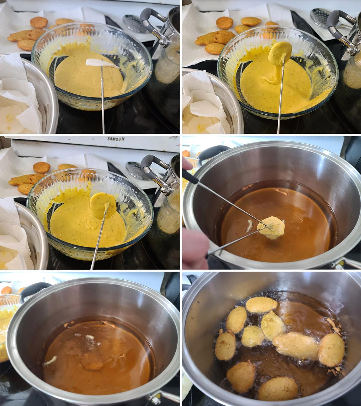 A 6 part image showing the potato slices being dipped in batter and deep fried.