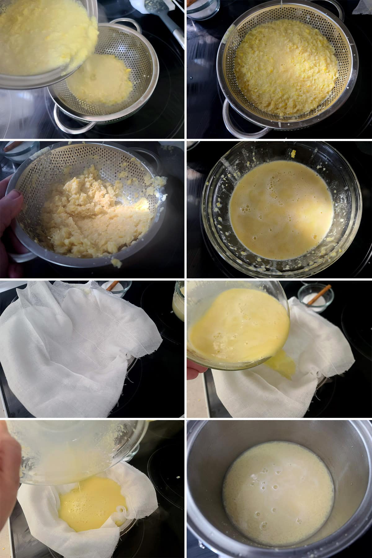 An 8 part image showing the corn mush being strained twice, as described.