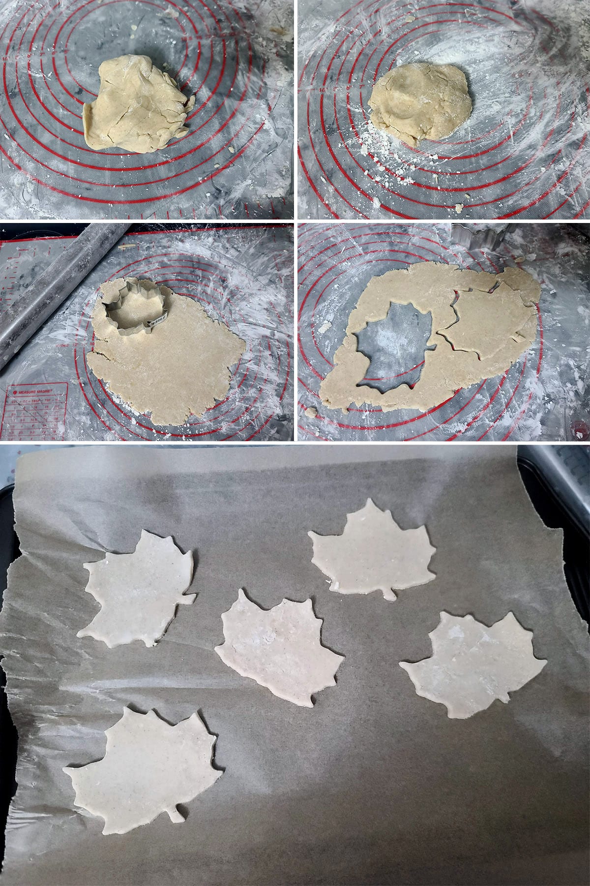 A 5 part image showing the excess dough being gathered, rolled, and cut into maple leaves.
