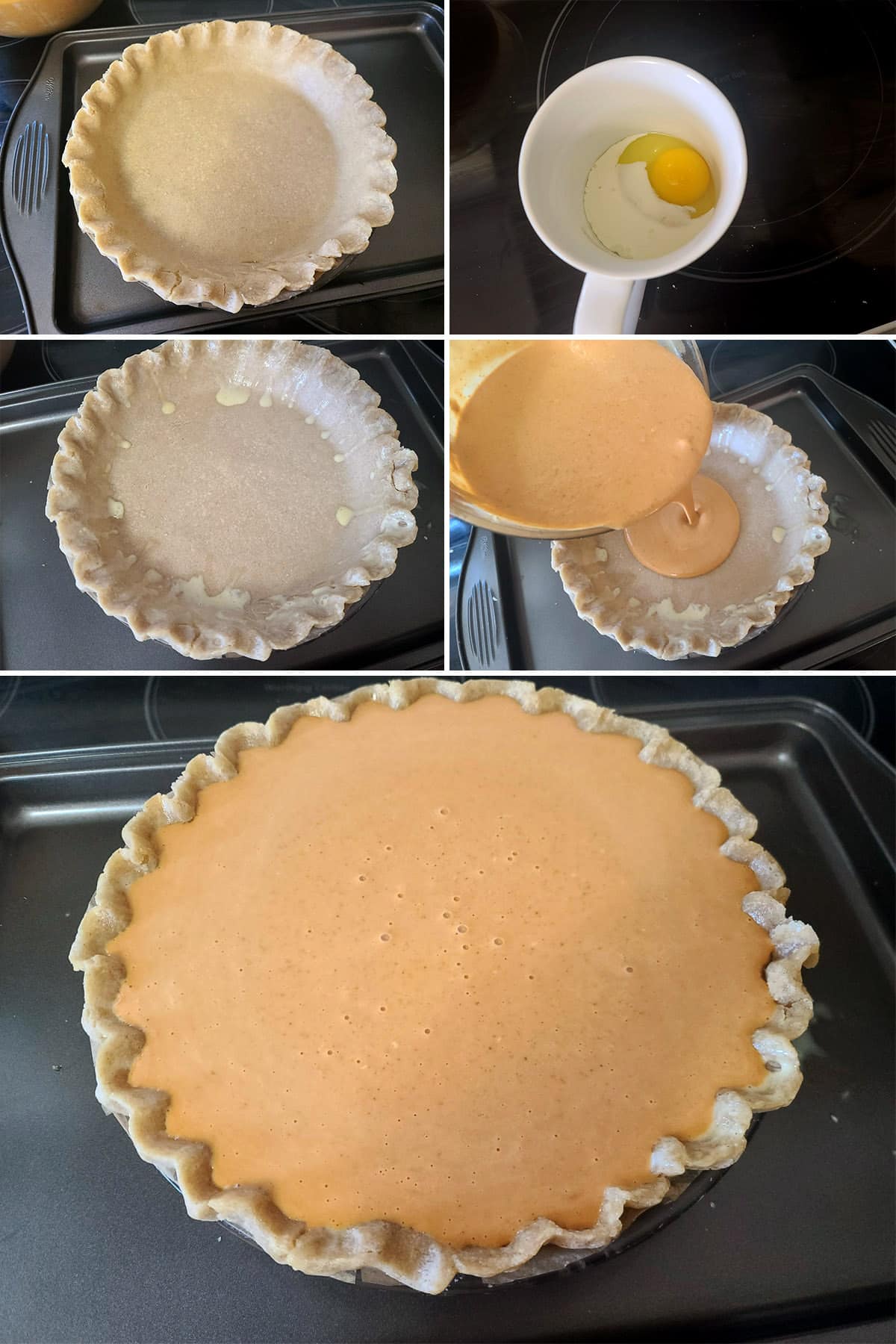 A 5 part image showing the egg wash being mixed, brushed on the crust, and the crust filled with pie filling.