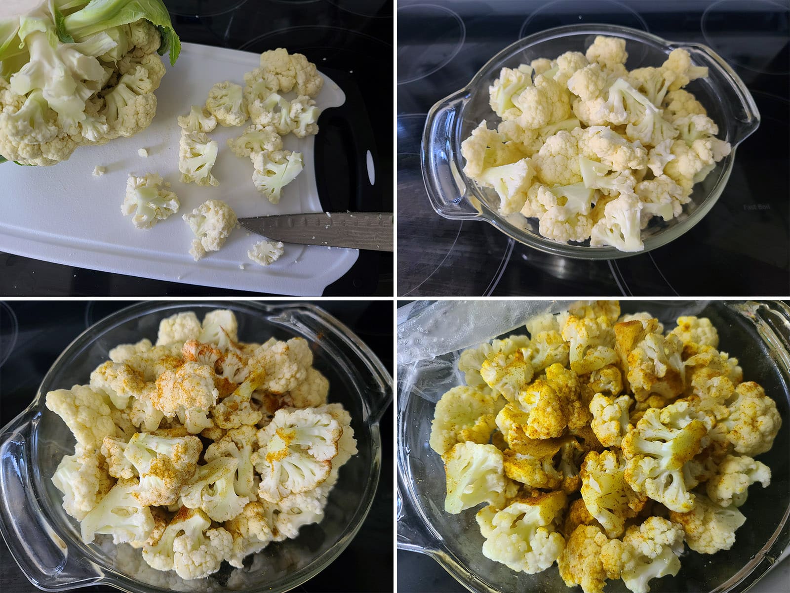 A 4 part image showing the cauliflower being sectioned, tossed with spices, and cooked.