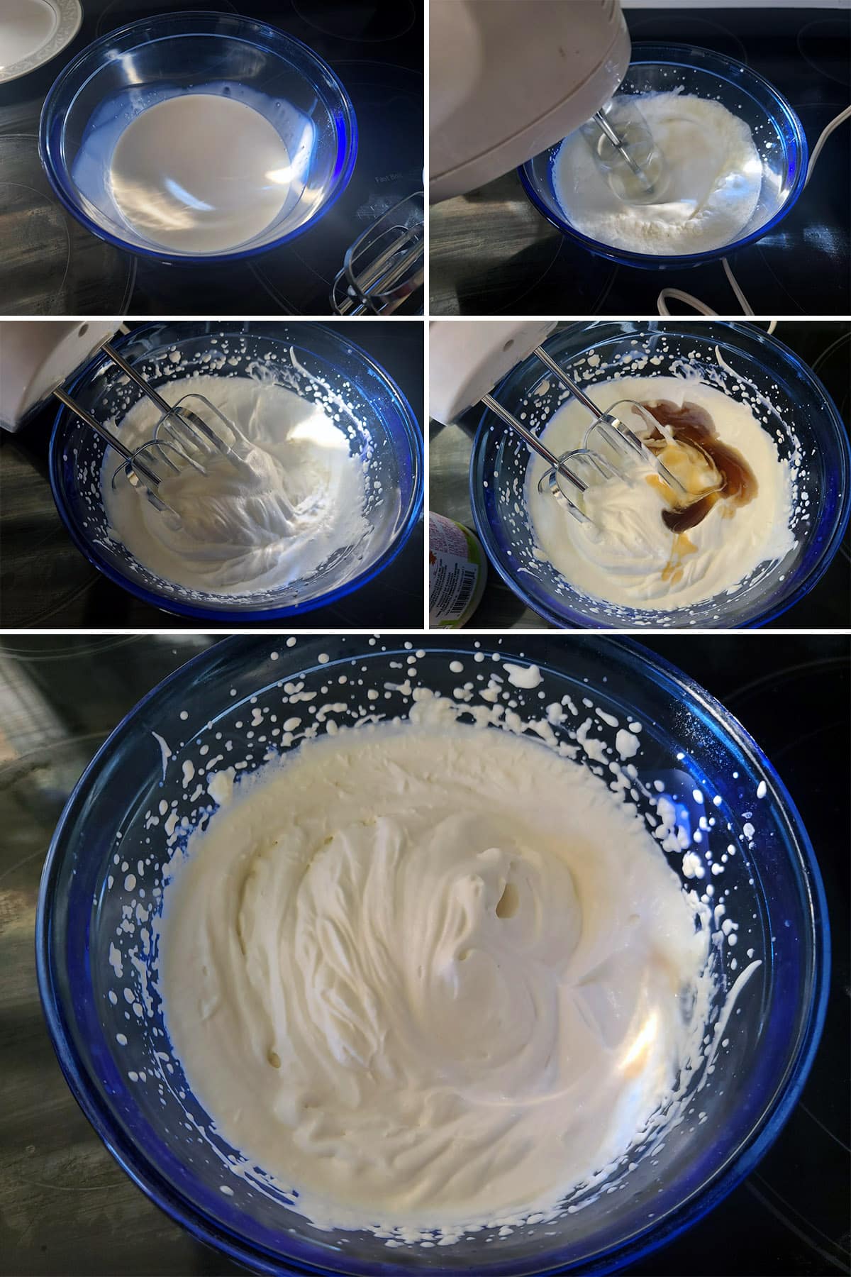 A 5 part image showing the maple syrup whipped cream being whipped together.