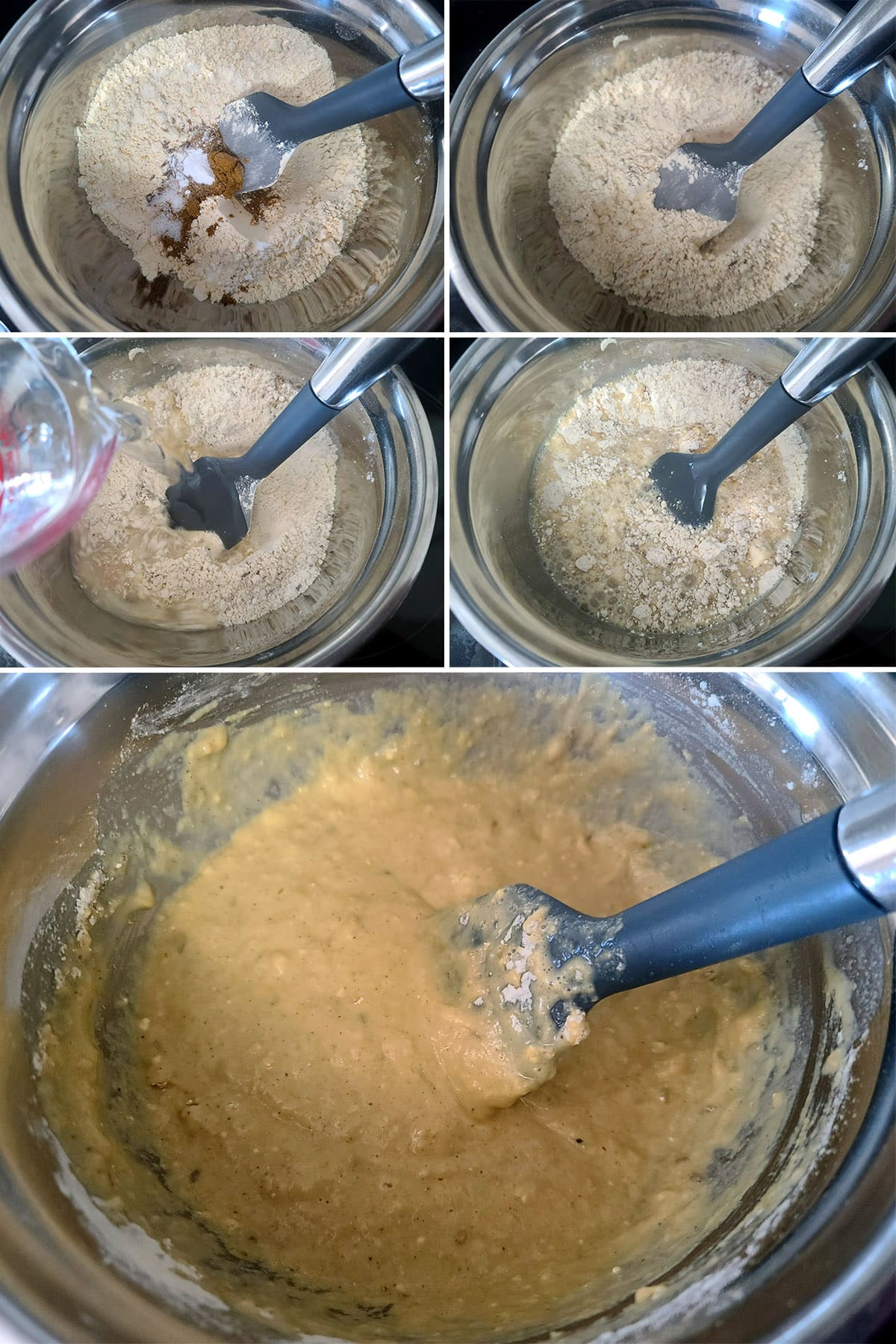 A 5 part image showing the batter being mixed.