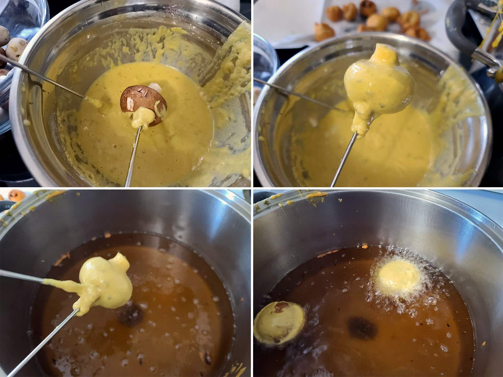 A 4 part image showing a mushroom being dipped n batter and deep fried.