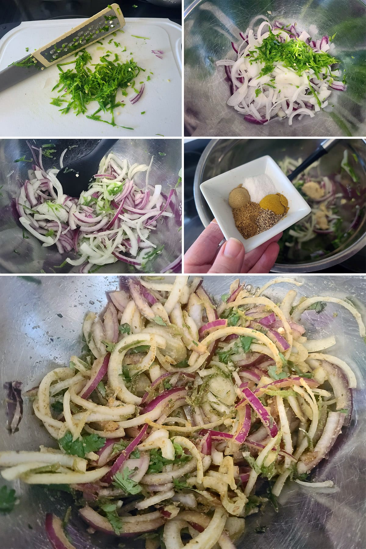 A 5 part image showing the other pakoda ingredients being mixed with the onion slices.