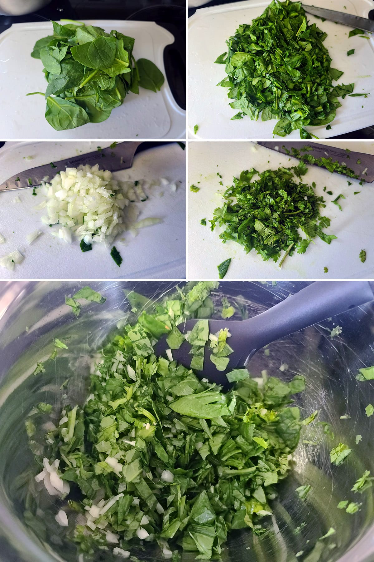 A 5 part image showing the spinach and onions being chopped and mixed.