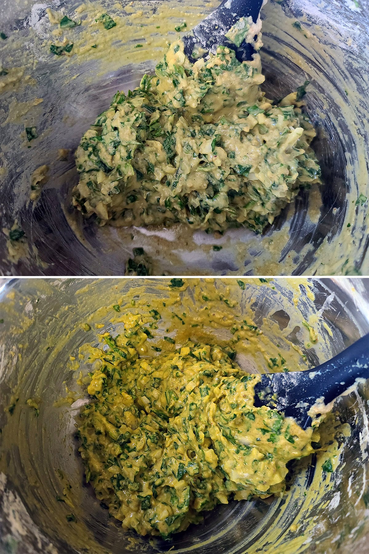 A 2 part image showing the batter after sitting, and with a bit of water added.