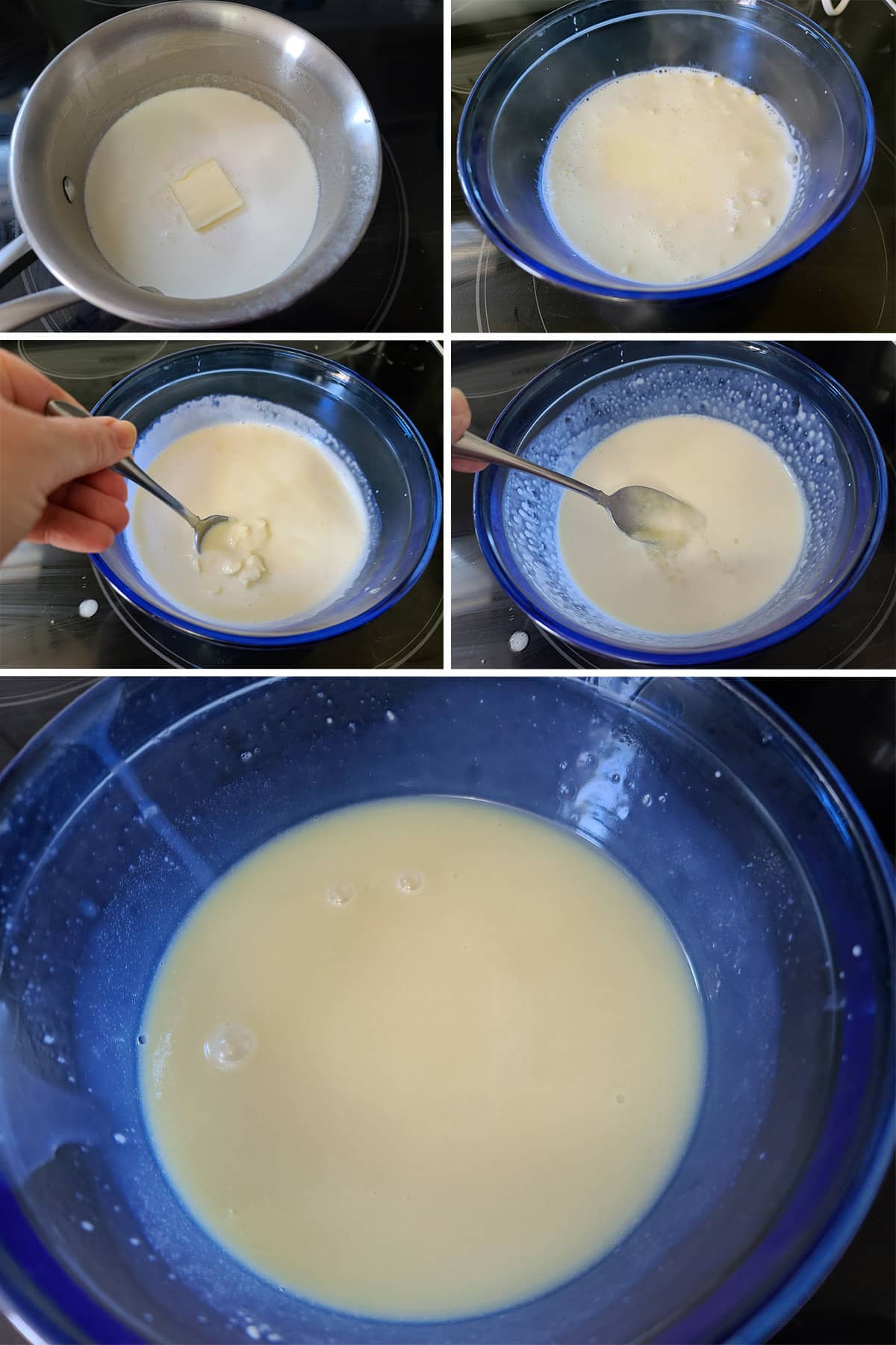 A 5 part image showing the cream being simmered, added to the chocolate chips, and stirred til smooth.