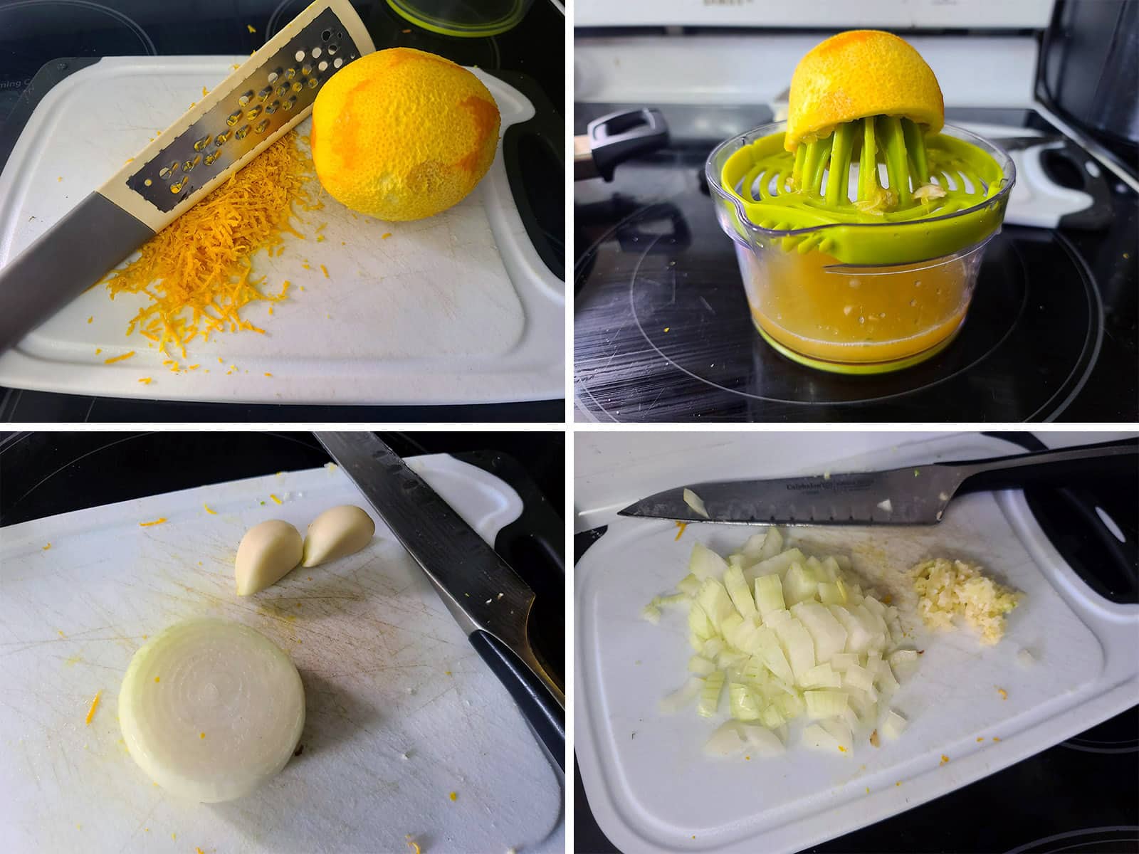 A 4 part image showing the orange being zested and juiced, and the onion being chopped.