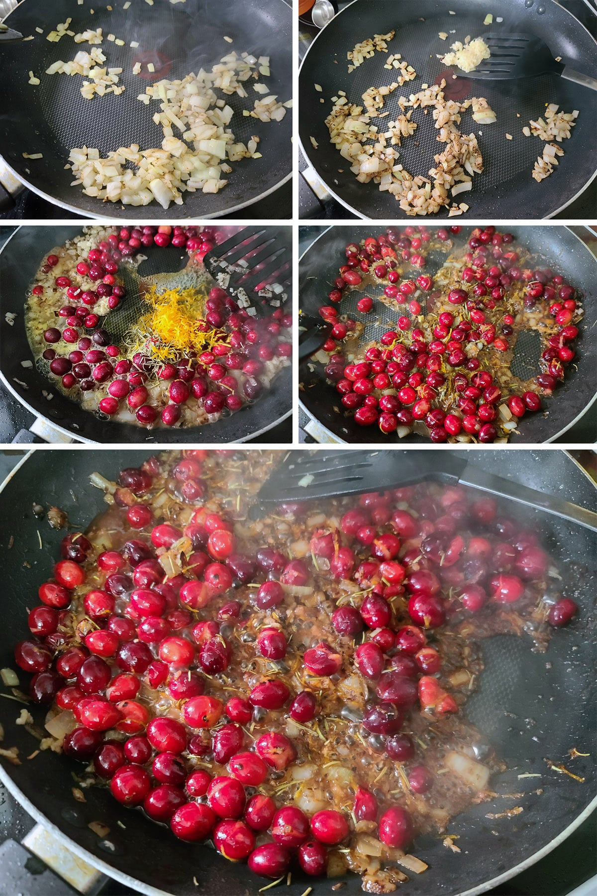A 5 part image showing the cranberry orange sauce being cooked.
