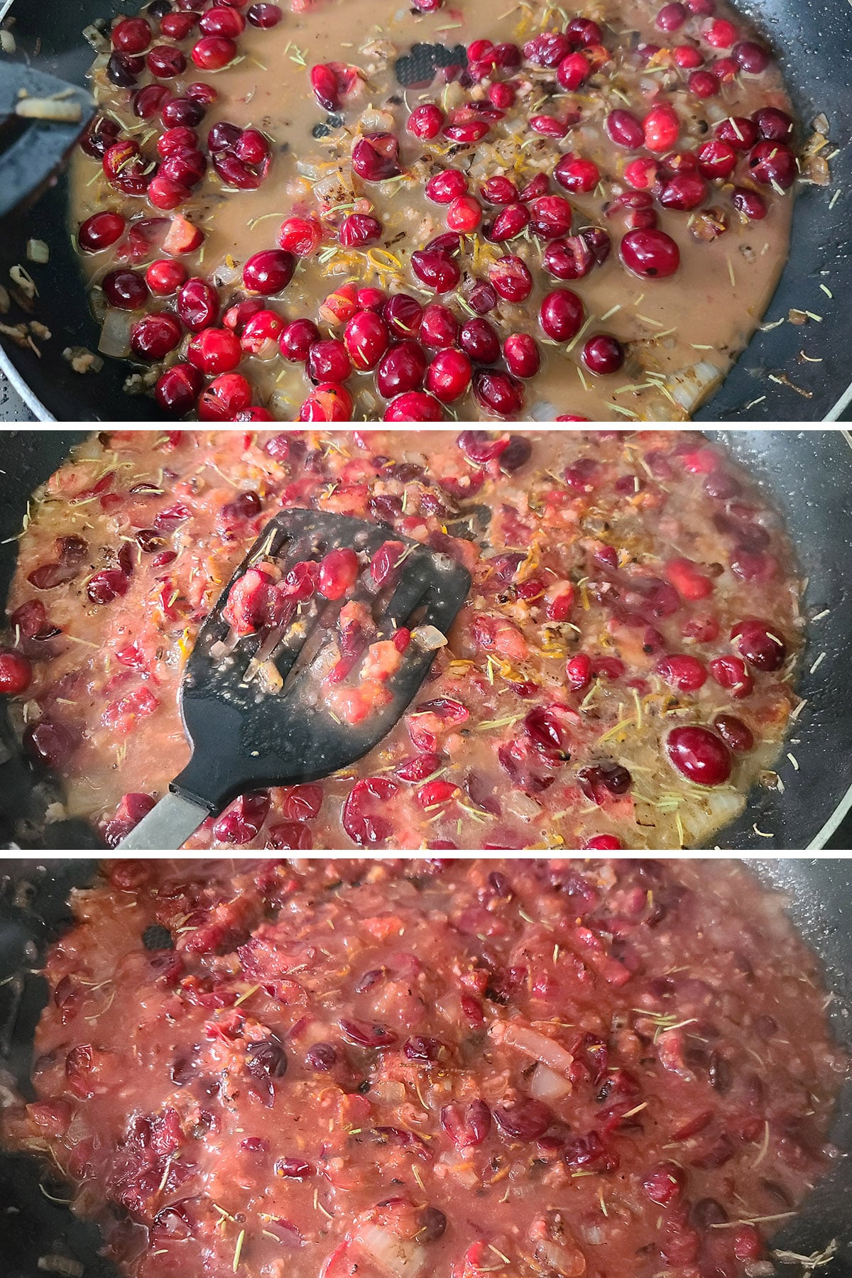 a 3 part image showing the progression of the cranberries breaking down.