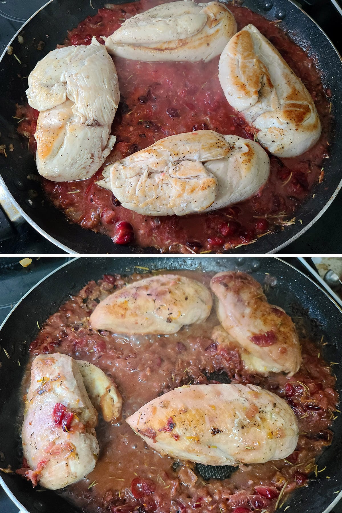 A 2 part image showing the chicken breasts cooking in the cranberry sauce.