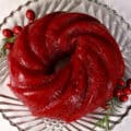 A molded cranberry Jello salad on a glass plate.
