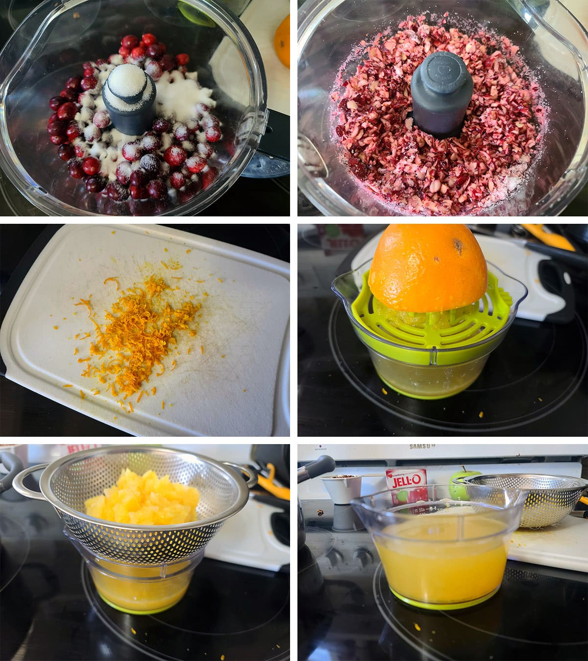 A 5 part image showing the cranberries and orange being prepared.