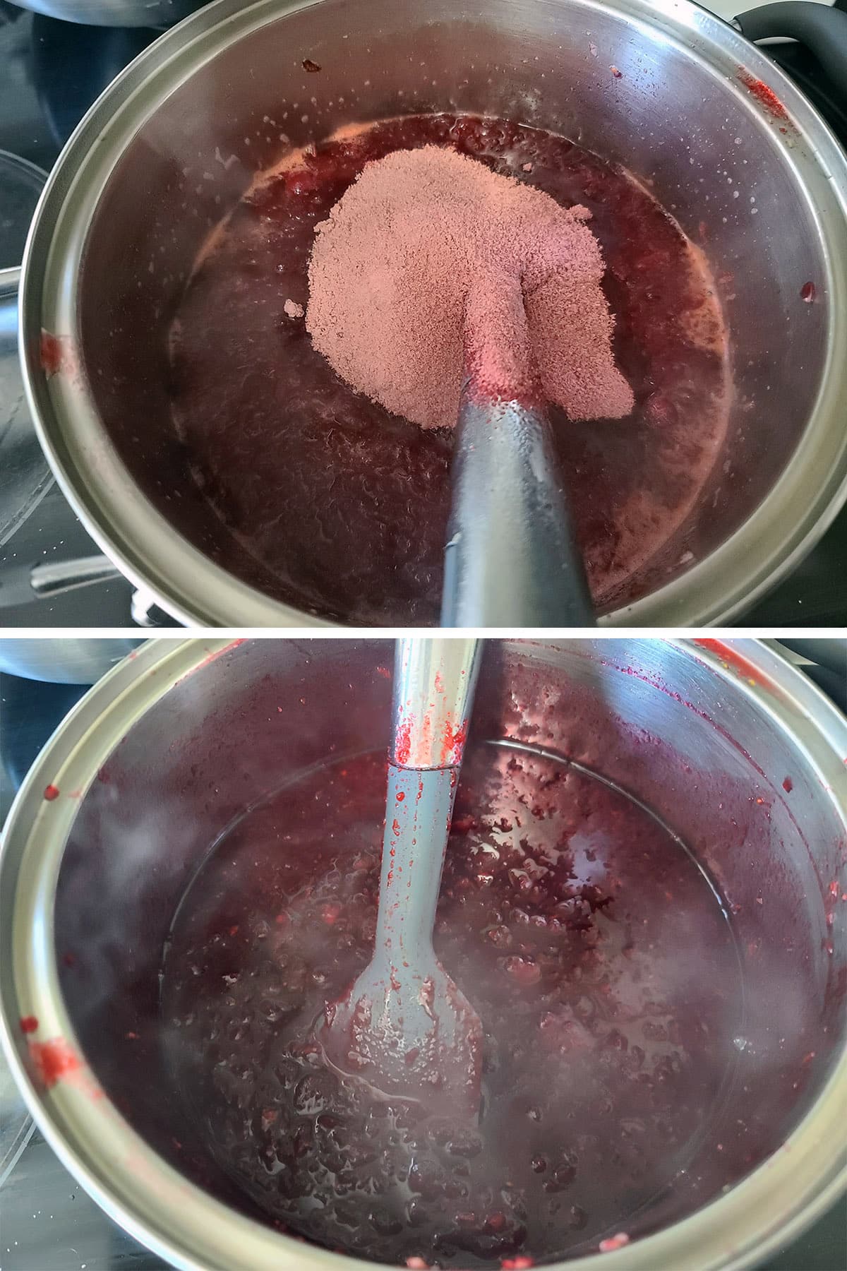 A 2 part image showing the Jello being added to the pot and stirred in.
