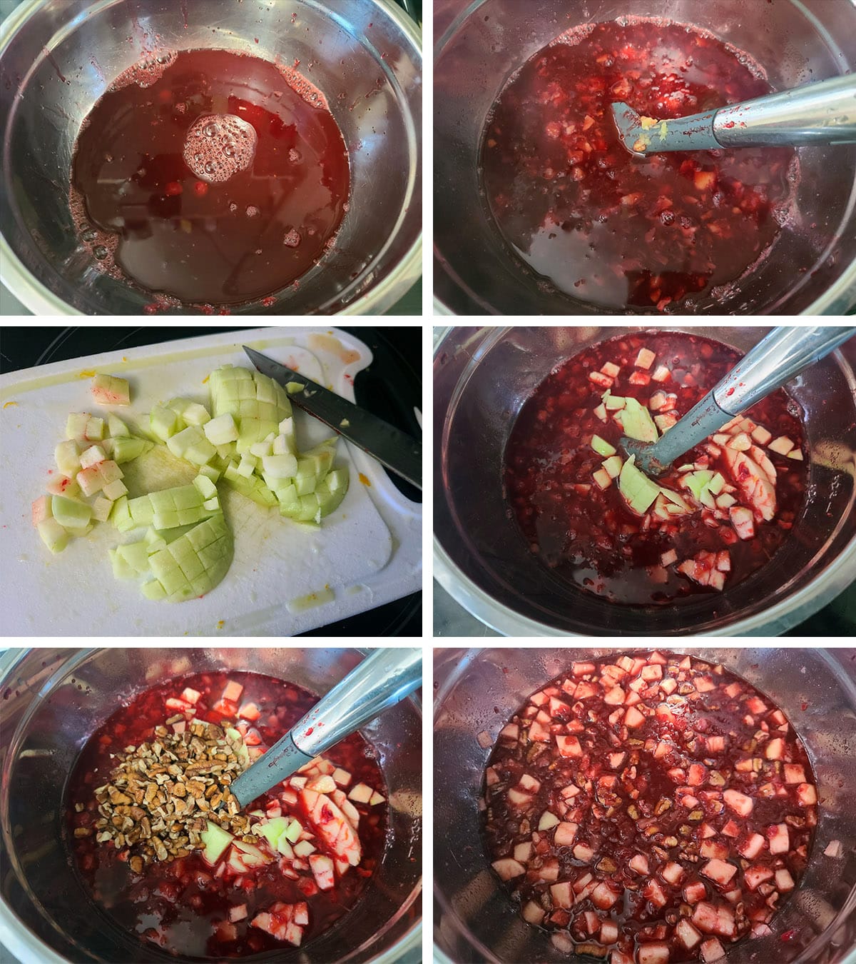 A 6 part image showing the apples and walnuts being stirred in to the Jello mixture.