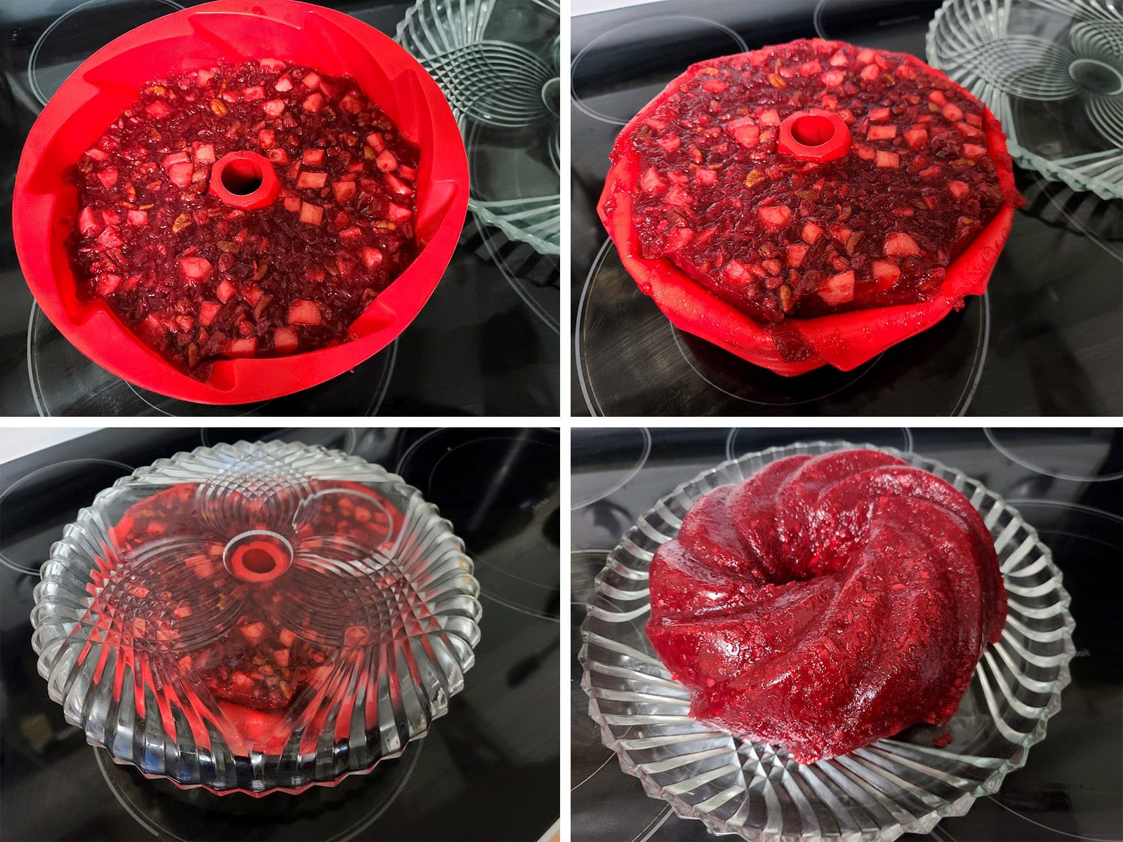 A 4 part image showing the Jello salad being unmolded onto a serving plate.