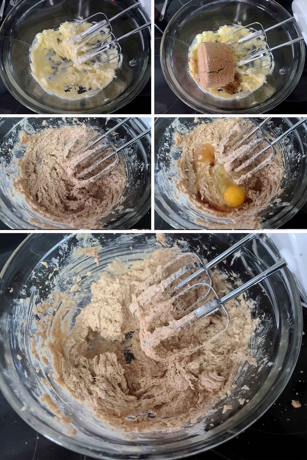 A 5 part image showing the sugar and butter being creamed, and the rest of the wet ingredients being beaten in.