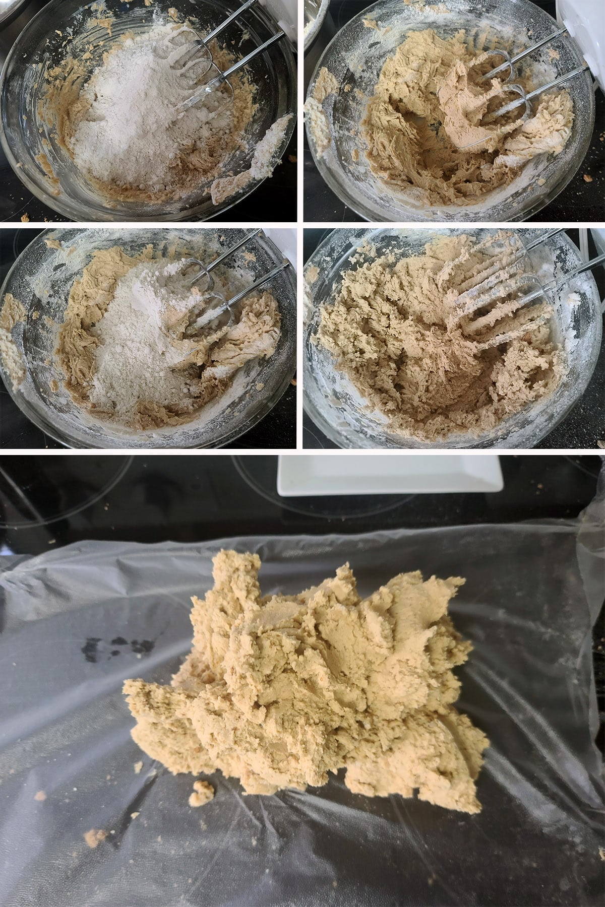 A 5 part image showing the dry ingredients being added to the wet and mixed into a gluten free cookie dough.