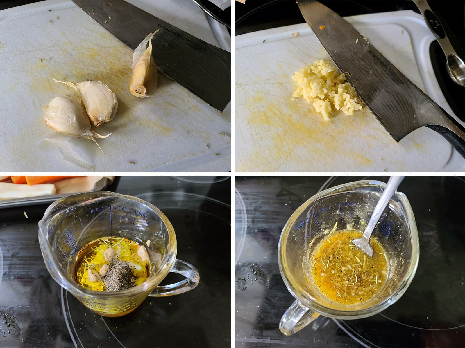 A 4 part image showing the garlic being pressed and the sauce being mixed.
